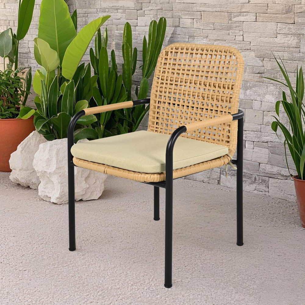 3-Piece Outdoor Dining Chairs Set, Rattan Backrest Patio Chairs with Removable Oatmeal Cushions, 400 lbs Capacity, All-Weather Wicker Chairs for Garden, Backyard and Porch (Beige)