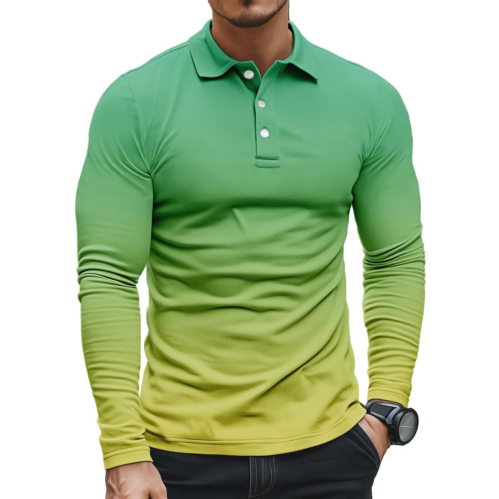 Generico Polo Uomo Manica Lunga a Colore Sfumato Ombré, Colletto Abbottonato Leggero, Modello Raffinato Adatto per Il Golf, Tennis e uscite quotidiane(1A-Green, M)
