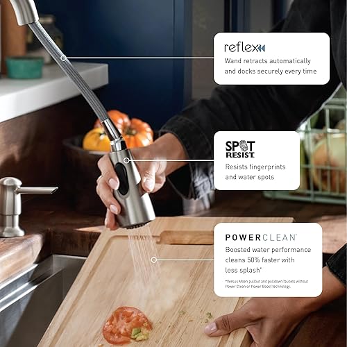 Miniatura 3 de Moen Riley Spot Resist - Grifo de cocina inoxidable con rociador extraíble, arco alto, con Reflex y Power Clean, 7402SRS