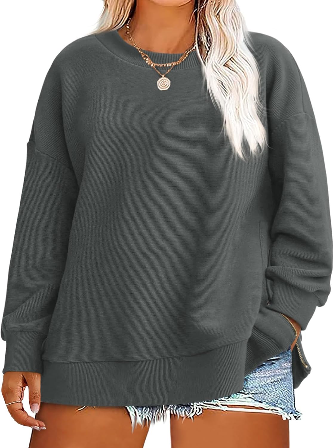 Beautife Womens Plus Size Sweatshirt Crewneck Long Sleeve Casual Ribbed Pullover Top Loose Fit 2024 Fall Outfits Clothes