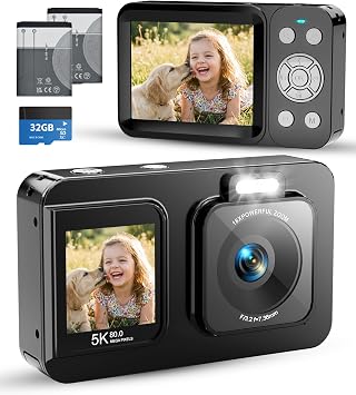 5K 80MP Digital Camera for Photography, Point and Shoot Vlogging Camera with Dual Screen, 18X Zoom & Auto Focus, Compact Camera for Kids Teens Beginners, IMX258 Sensor, Webcam Mode, Black