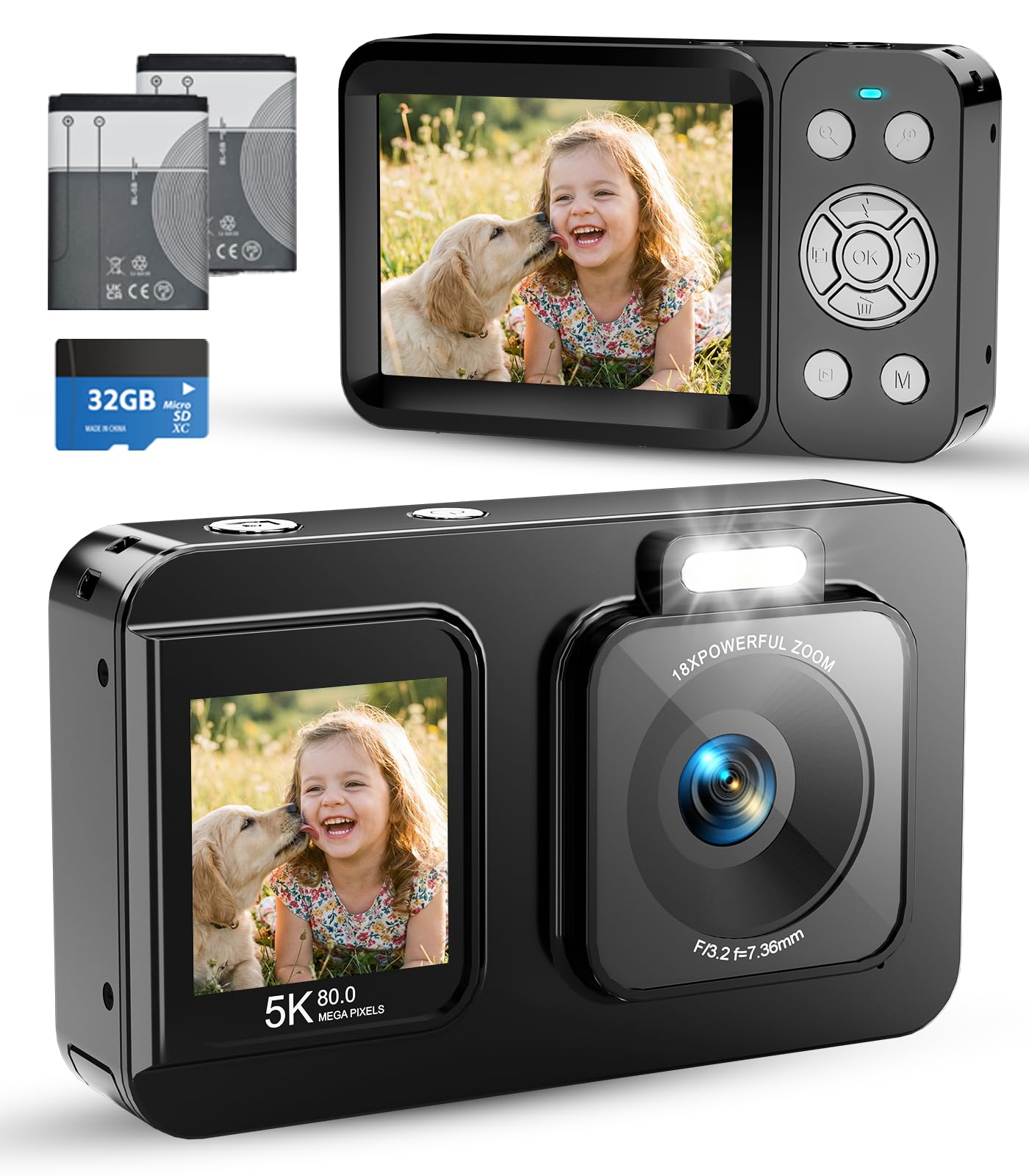 Digital Camera 5K 80MP with 32G SD Card, Front and Rear Dual