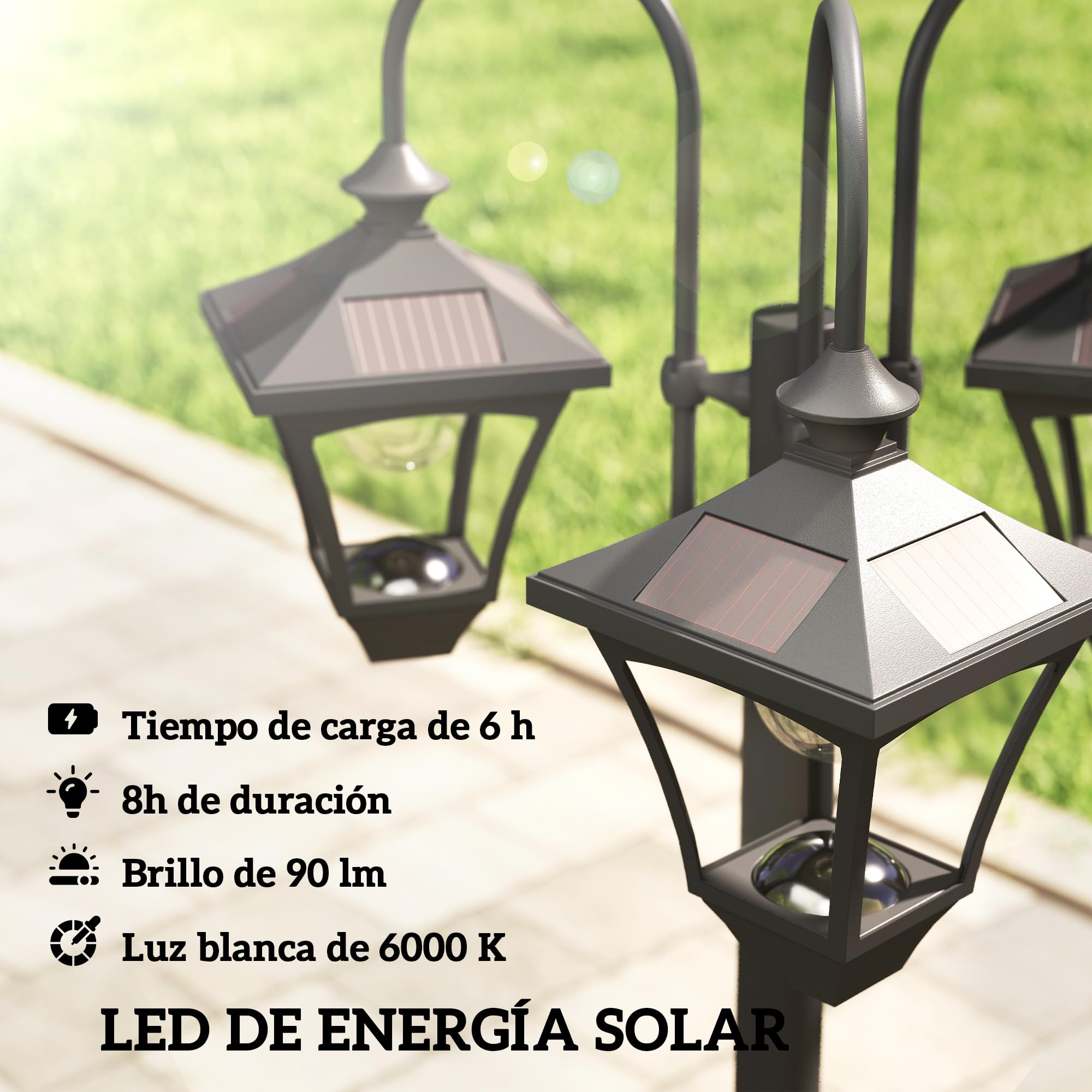 Outsunny Farola Solar Exterior de Jardín con Macetero 3 Cabezales Impermeable IP44 Encendido/Apagado Automático y Altura Ajustable Luz Solar de Exterior LED para Terraza Patio 52x52x185 cm Negro