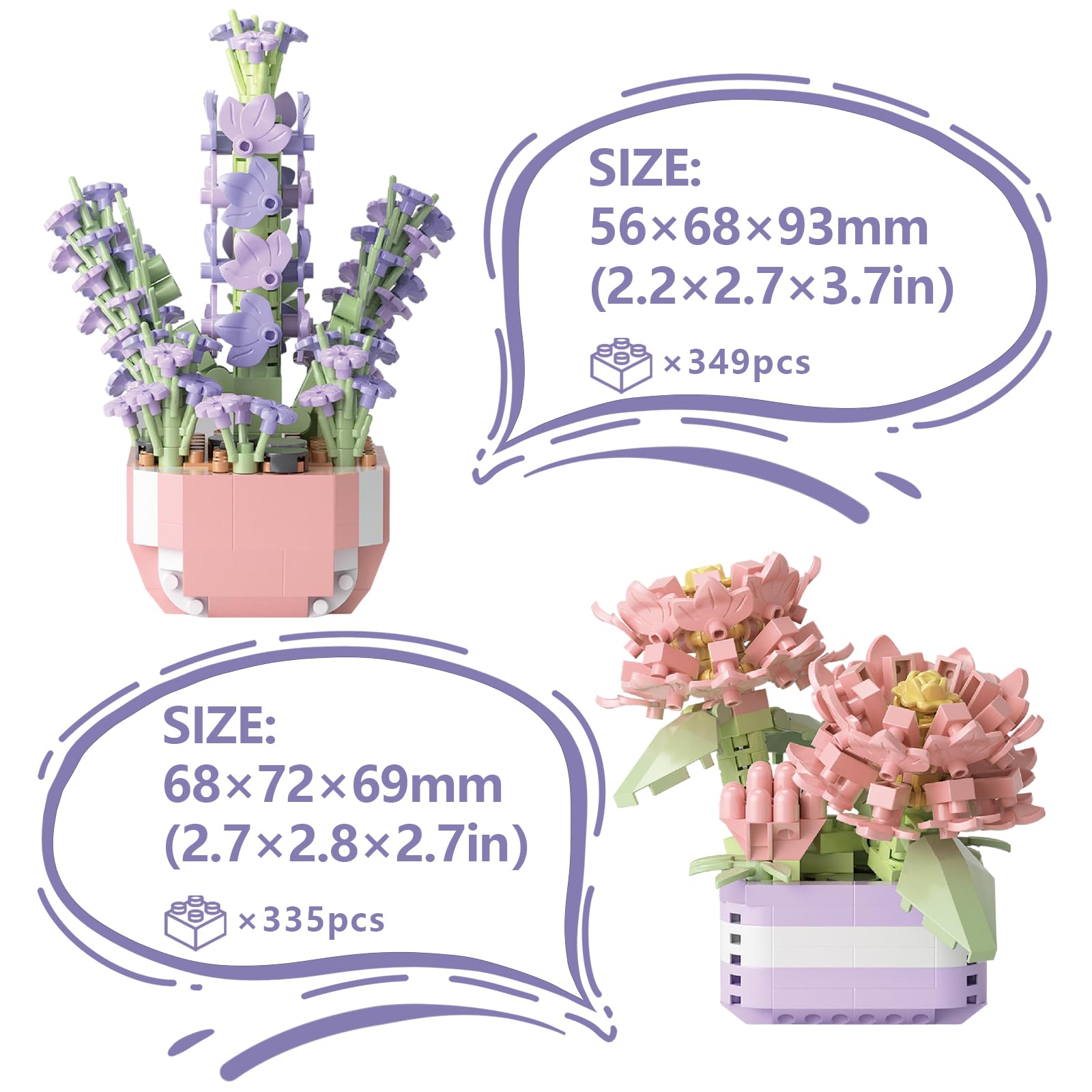 Set 2 Mini Fiori Bonsai In Mattoncini - Camelia (349 Pezzi) + Lavanda (335 Pezzi) - Giocattolo Da Costruzione - 4
