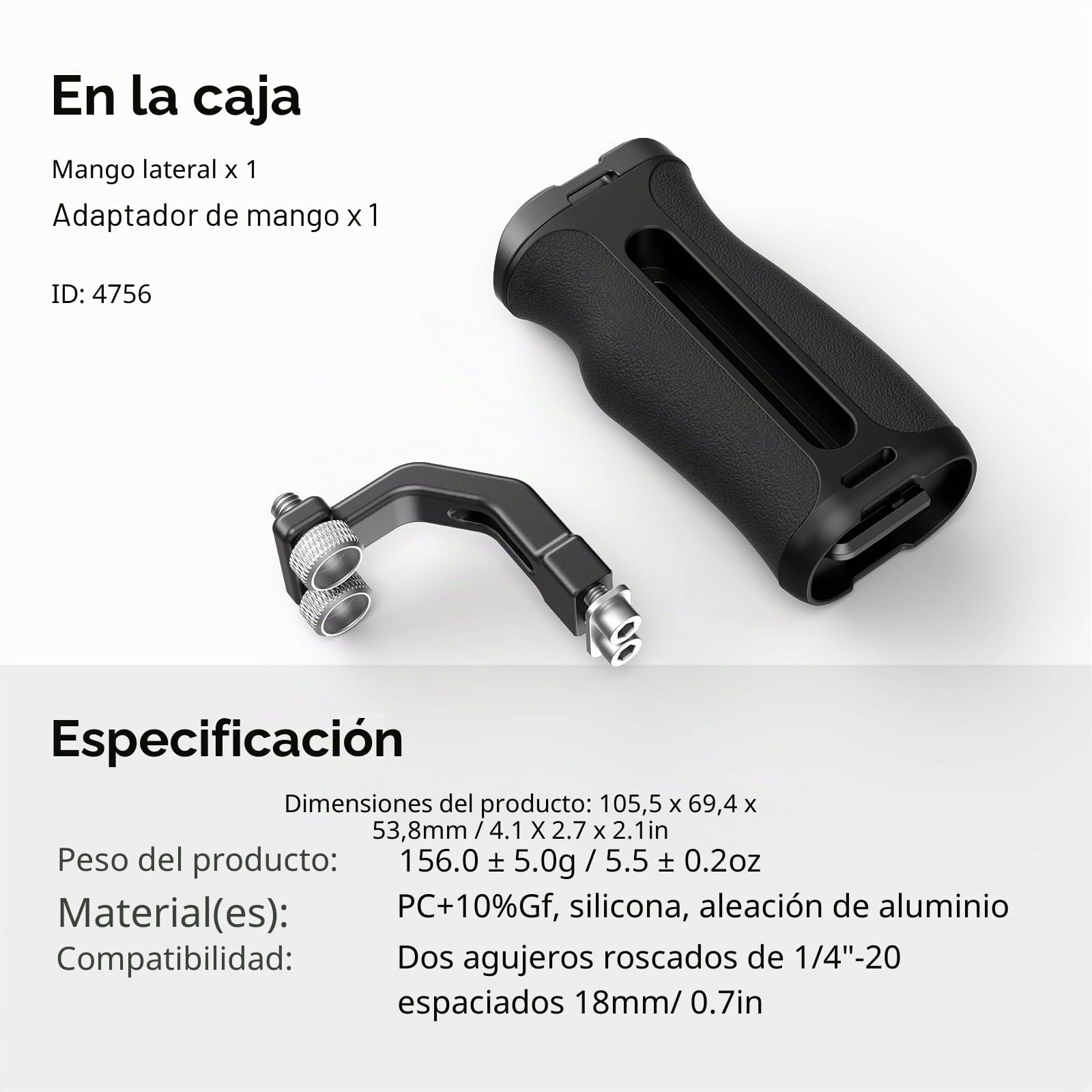 SMALLRIG Mango Lateral Mini con Tornillos de 1/4" -20 para Jaula de Cámara, Ajustable hacia Arriba y hacia Abajo, para Mano Izquierda o Derecha, con Zapata Fría Incorporada y Orificio Roscado - 4756
