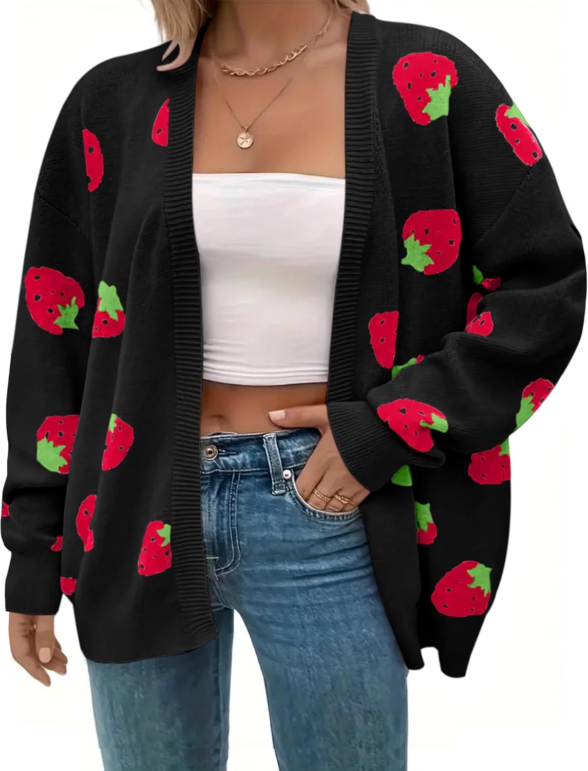 Women's Plus Size Strawberry Floral Print Long Sleeve Open Front Knit Cardigan Sweater