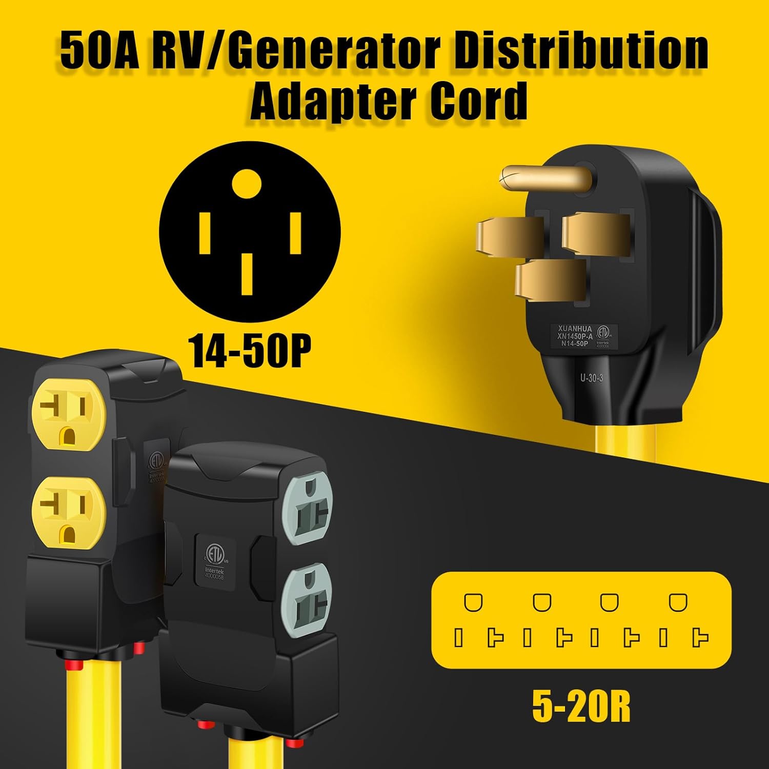 50 Amp to 20 Amp 110V RV Distribution Adapter, NEMA 14-50P to 4 X 5-20R/15R RV Generator Distribution Cord, Built-in Circuit Breaker, ETL Listed (10FT)