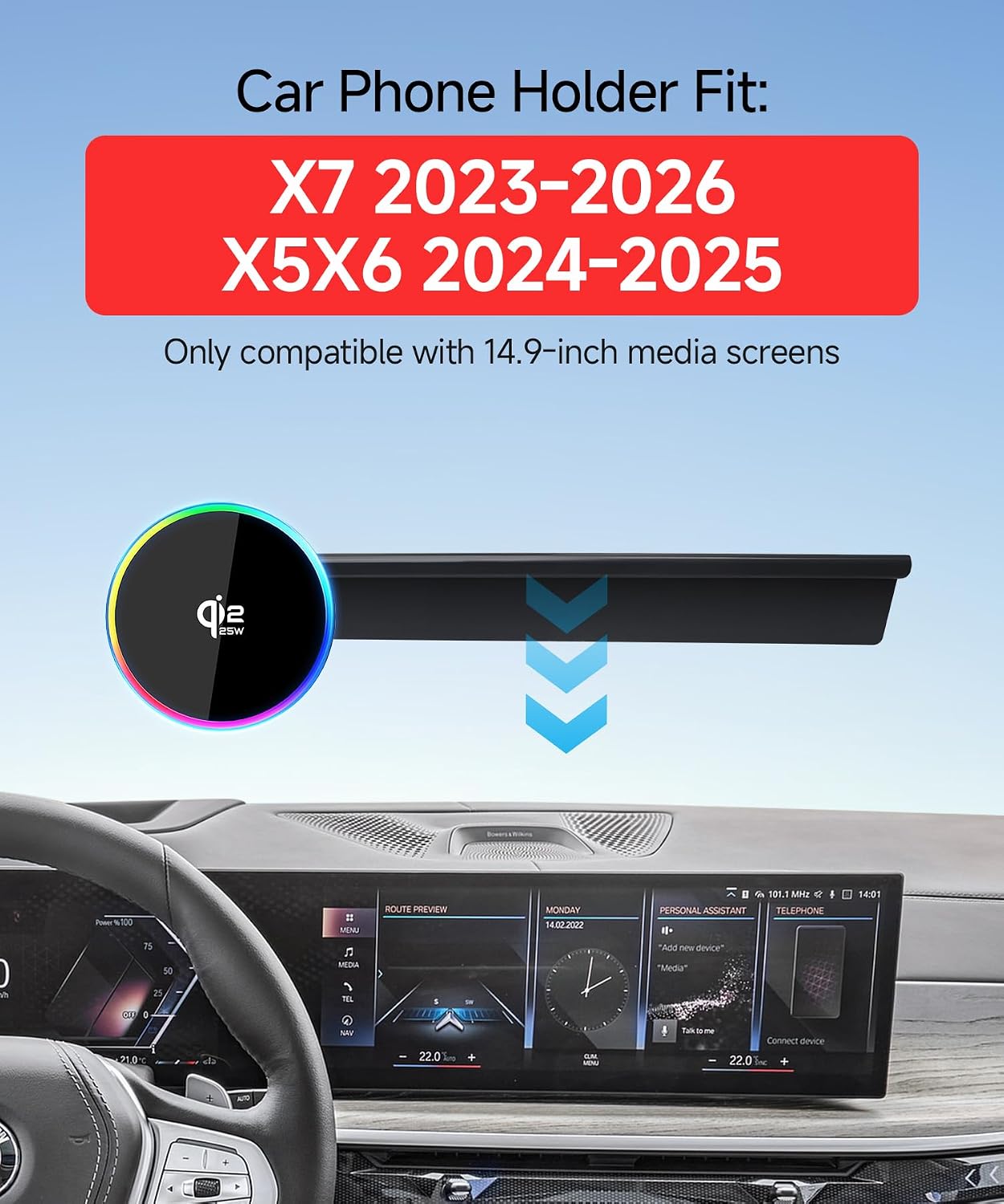 Qi2.2 Max 25W Fast Wireless Car Charger Phone Holder for 2024 2025 BMW The X5 / 2024 2025 BMW X6 /2023-2026 BMW X7 14.9-Inch Screen, Magnetic Phone Mount Compatible with MagSafe