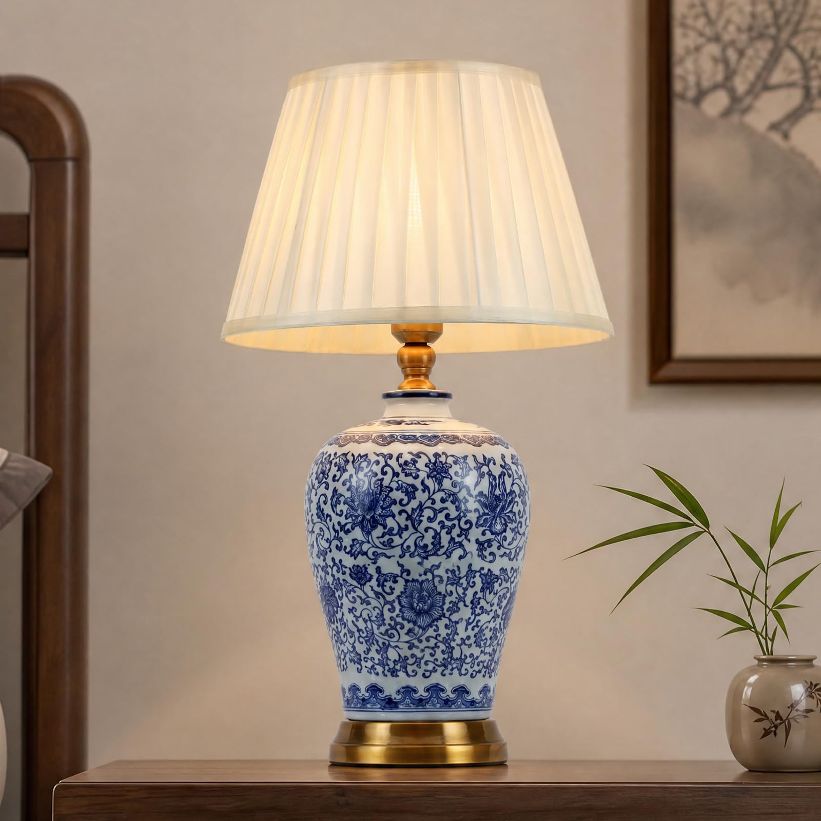 Lampada Da Tavolo In Ceramica Retrò, Lampada Da Comodino In Tessuto, Lampada Da Lettura Per Camera Da Letto Vintage Paralume Bianco Lampada Da Scrivania Stile Moderno E27 (F 58Cm)