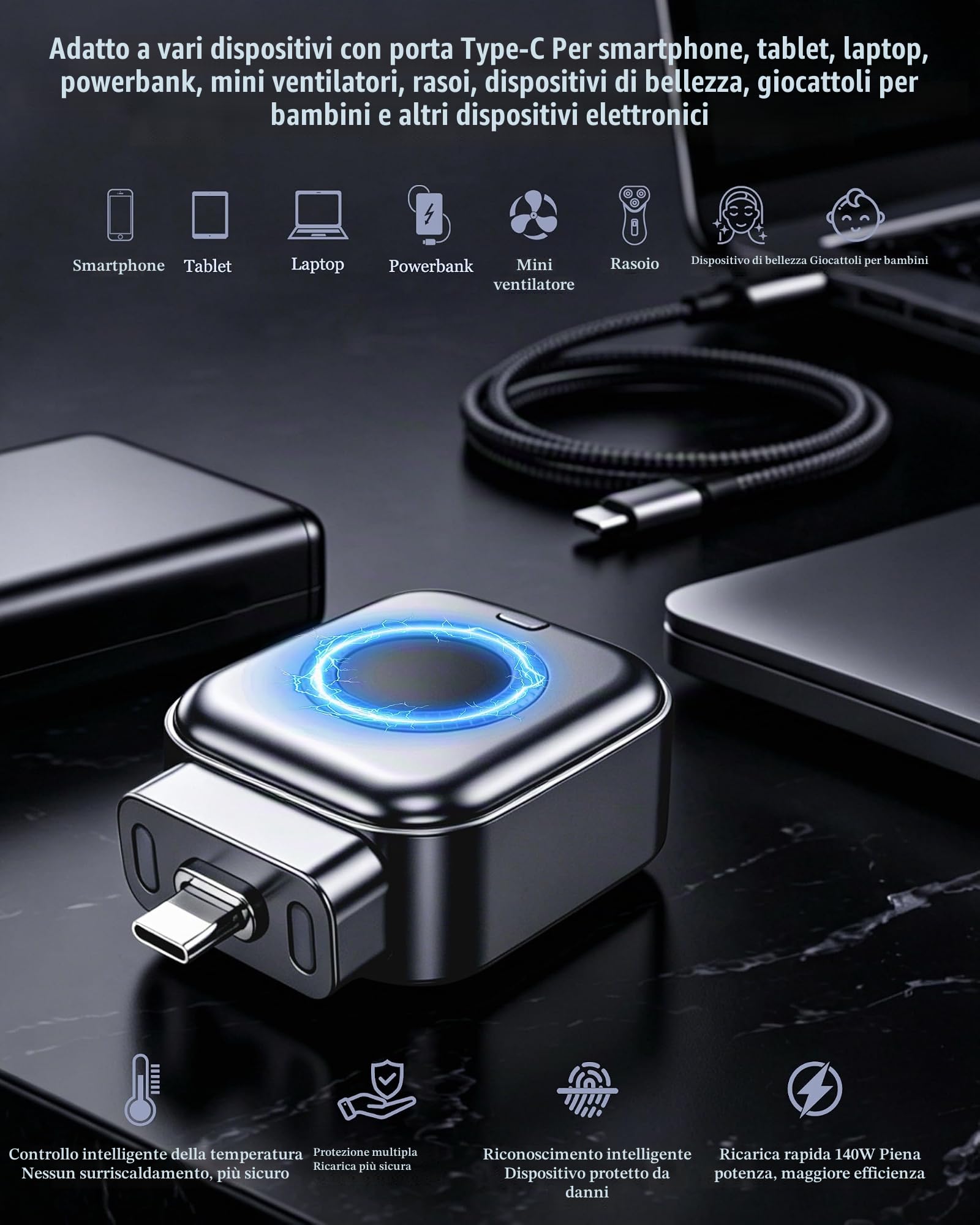 Adattatore di ricarica intelligente con arresto auto : supporta caricabatterie rapidi PD fino a 140 W con interruzione fisica,timer di spegnimento auto per telefoni,tablet e tutti i dispositivi Type-C