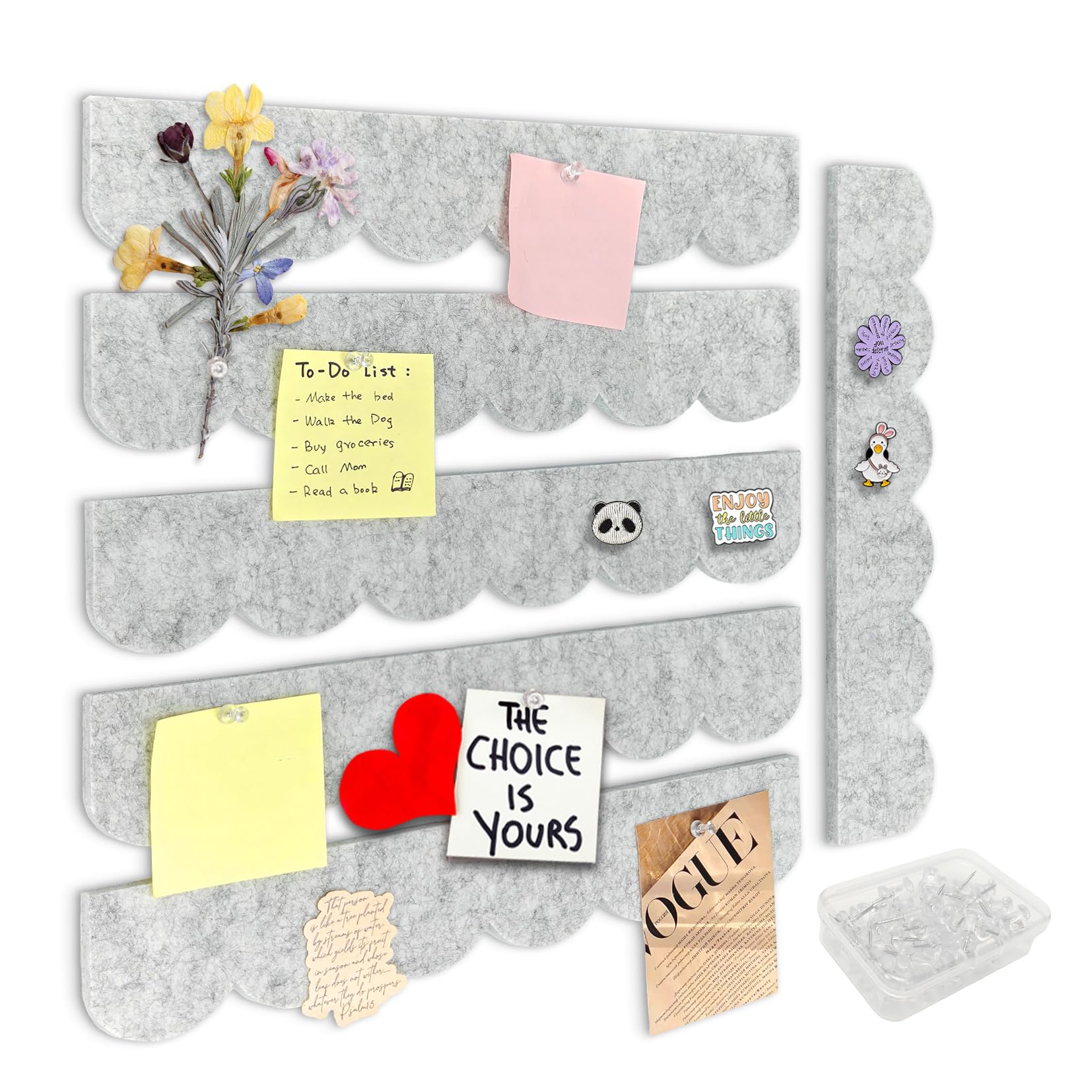 Umtiti 6 Pack 37 x 7 Adhesive Felt Bulletin Board Tiles with 50 Pins for Office Home Decor and DIY Classroom Use,Light Gray-6PCS+50D