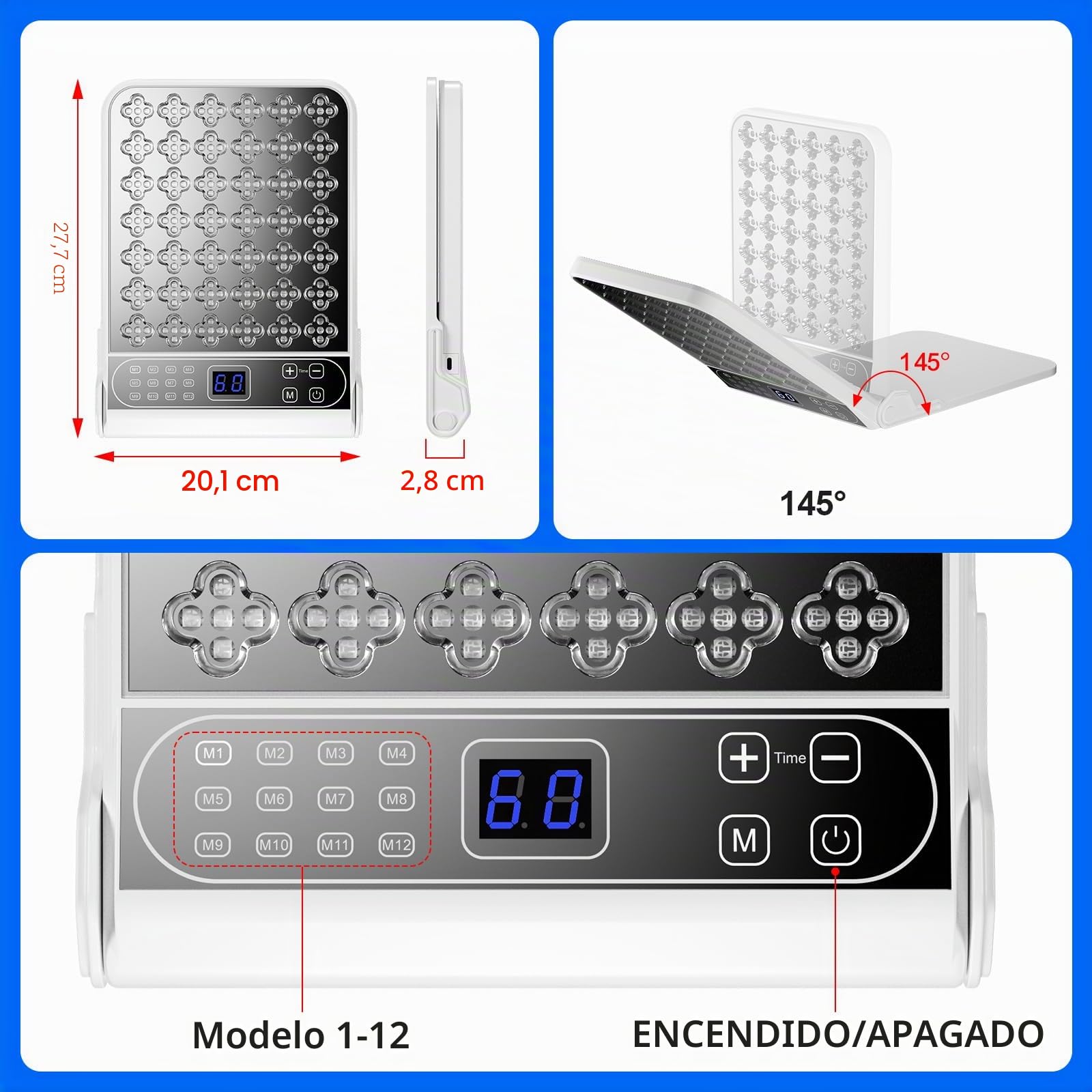Lámpara Luz Roja Panel, Lampara Infrarroja con 4 Longitudes de Onda(Rojo 660nm/Infrarrojos 850nm/Amarillo 583nm/Azul 423nm),12 Modos y Temporizador (No produce calor) (Plata)