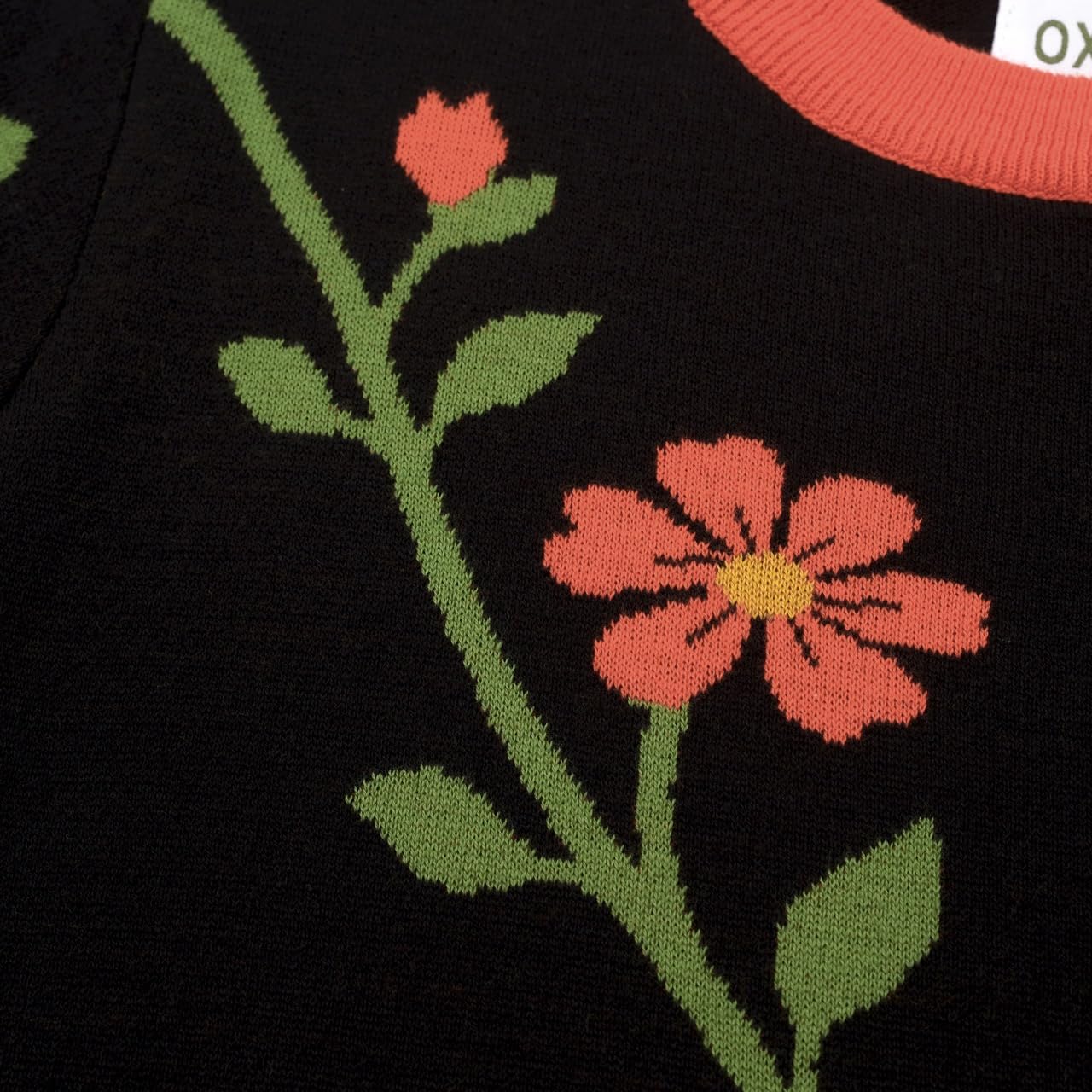 OXKNIT Camisetas Mujer Clásica Negra Camiseta de Punto con Estampado Floral Naranja Jacquard Verano Algodón Casual Top