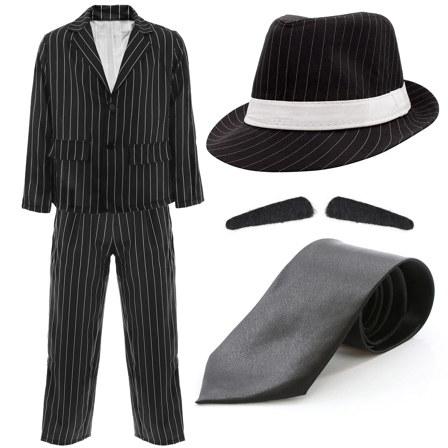 Adults Gangster Costume – XX-Large - Black and White Gangster Pinstripe Suit Jacket, Pinstripe Suit Trousers, Black Pinstripe Trilby Hat, Black Tie – 1920's Film & TV Fancy Dress Costume