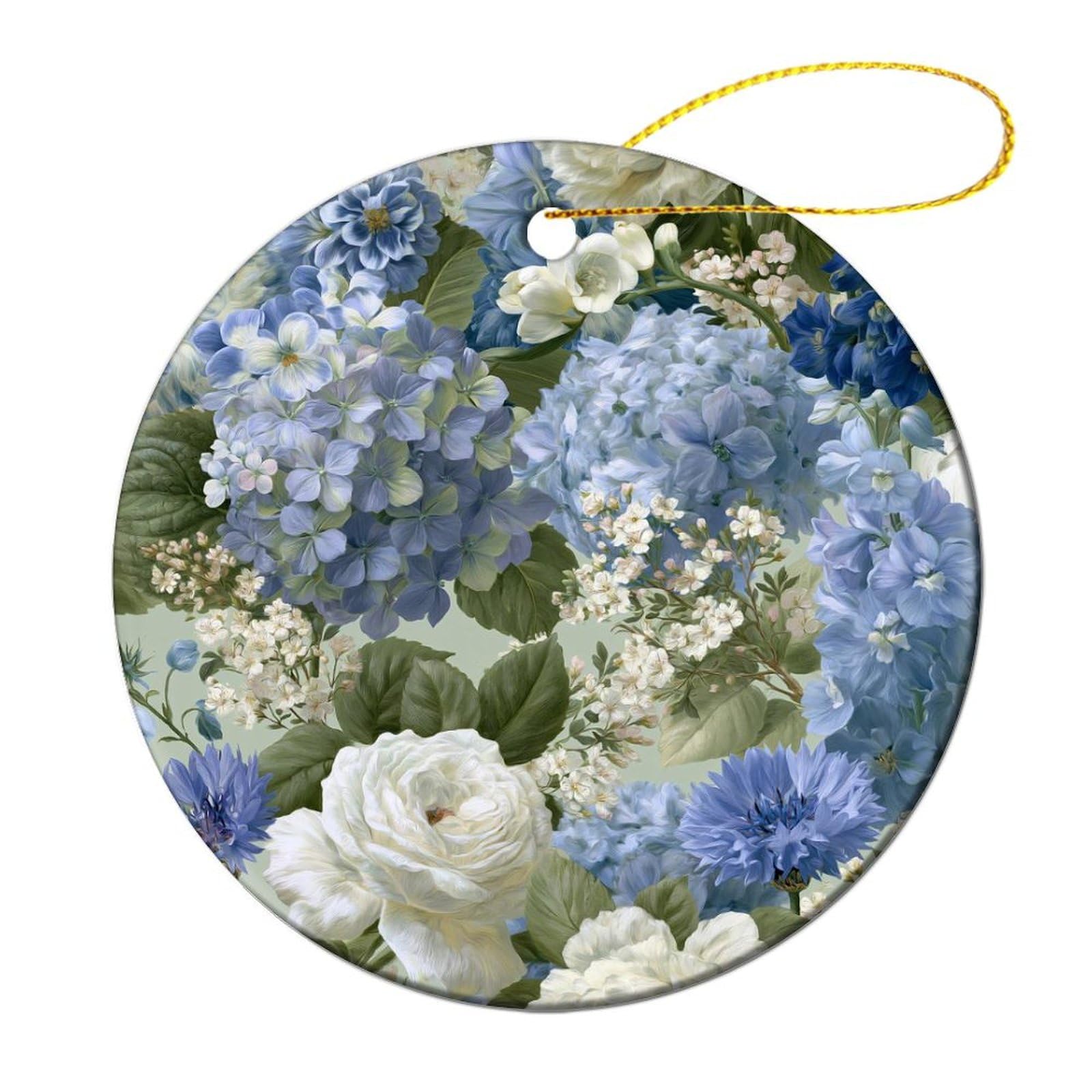 Delphiniums Hydrangeas White Garden Roses Christmas Tree Hanging Ornaments,2 Pieces, 7.2CM Round Double-Sided