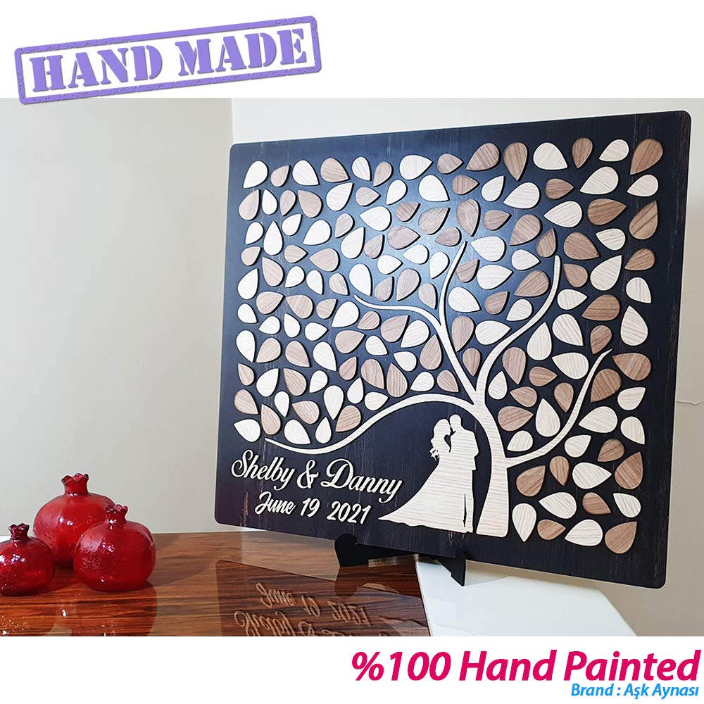 Handgefertigtes & handbemaltes Gästebuch für Hochzeiten, 3D-Holz, Baum und Blätter, personalisierbar, 150 Stück, Rot, 50 x 40 cm