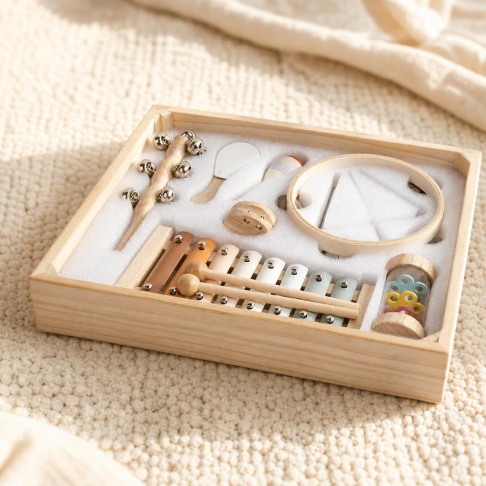 8 Pezzi Set Musicale in Legno Naturale Set di Percussioni in Legno Campanelli a Mano per Neonati, Asilo