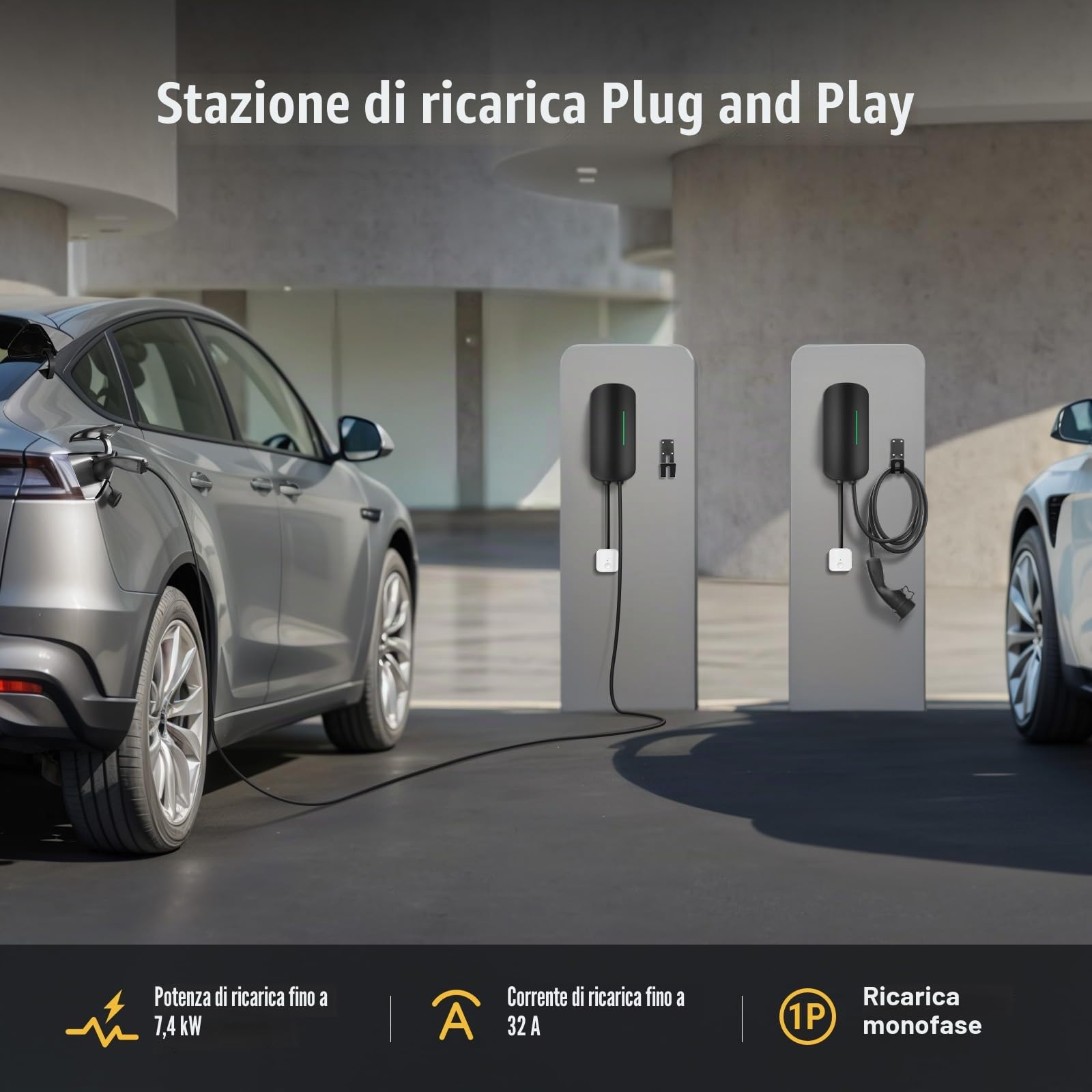 Morec Wallbox Stazione di Ricarica per Veicoli Elettrici Tipo 2 da 7KW, Caricabatterie per Auto Elettriche Monofase con Cavo di Ricarica da 6M