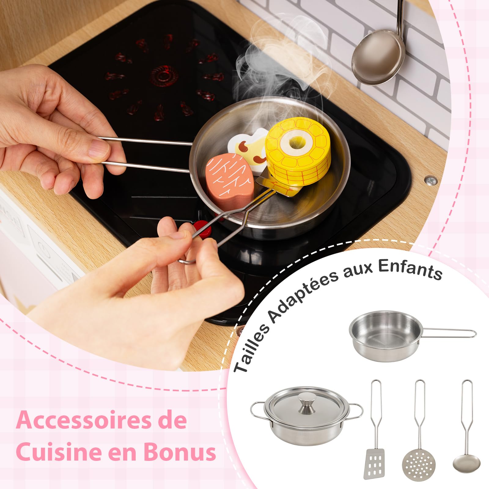 COSTWAY Cuisine Enfant avec Lumière & Effet Sonore, Cuisiniere Enfant avec Distributeur d'eau & Machine à Laver & Four, Portes en Rotin, Jeu de Cuisine pour Garçons Filles de 3 Ans+ (Rose)