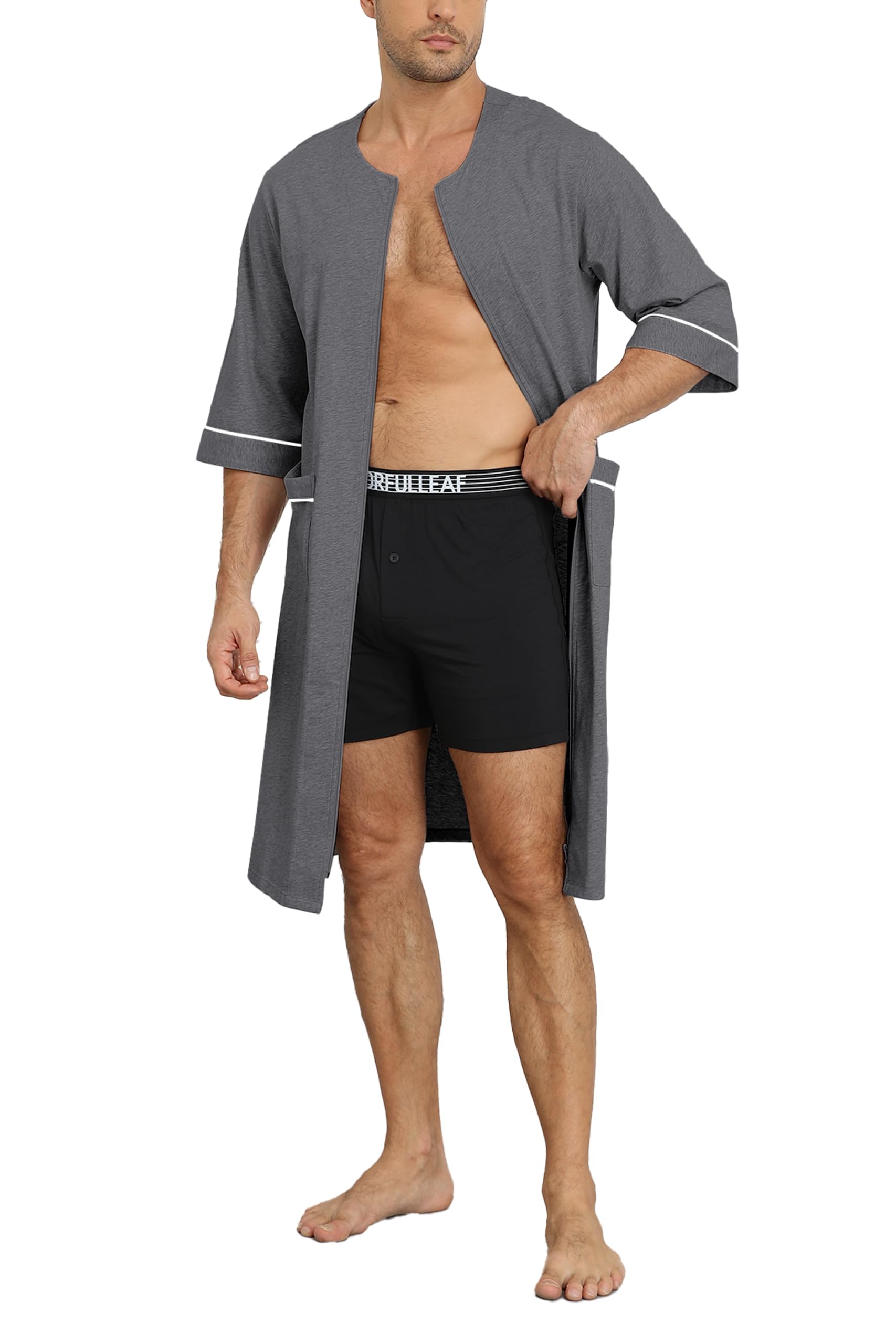 EA'S SECRET Herren 100% Baumwolle Morgenmantel Weicher Reißverschluss Bademantel Kurzarm Sommer Kimono Hausmantel Mit Taschen