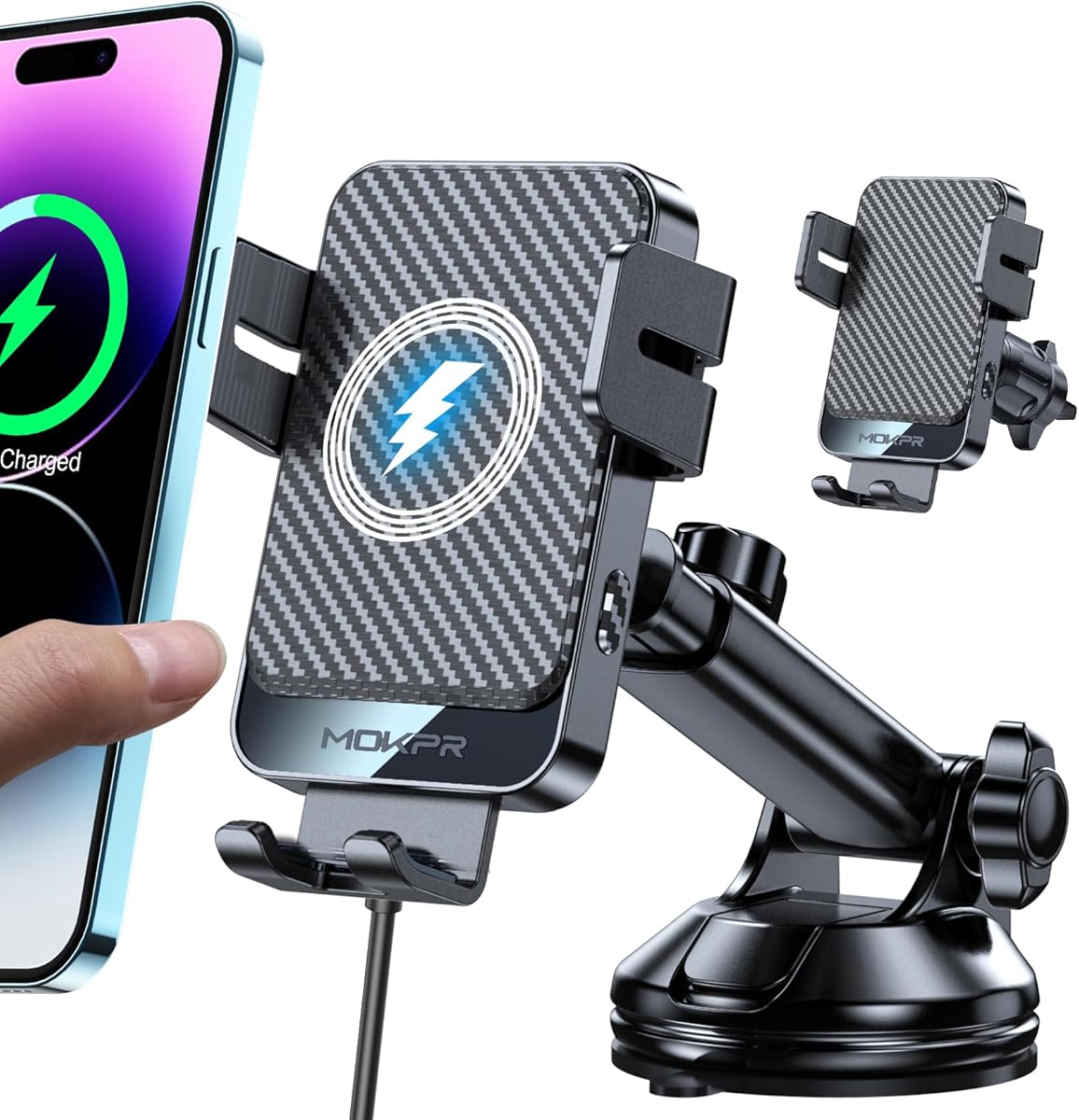 MOKPR Wireless Car Charger, 15W Fast Charging Auto Clamping Car Phone Holder Wireless Charger Suction Holder Dashboard Compatible for iPhone 16 15 14 13 12 Pro Max Xs,Samsung Galaxy S25 S24 S23 S22
