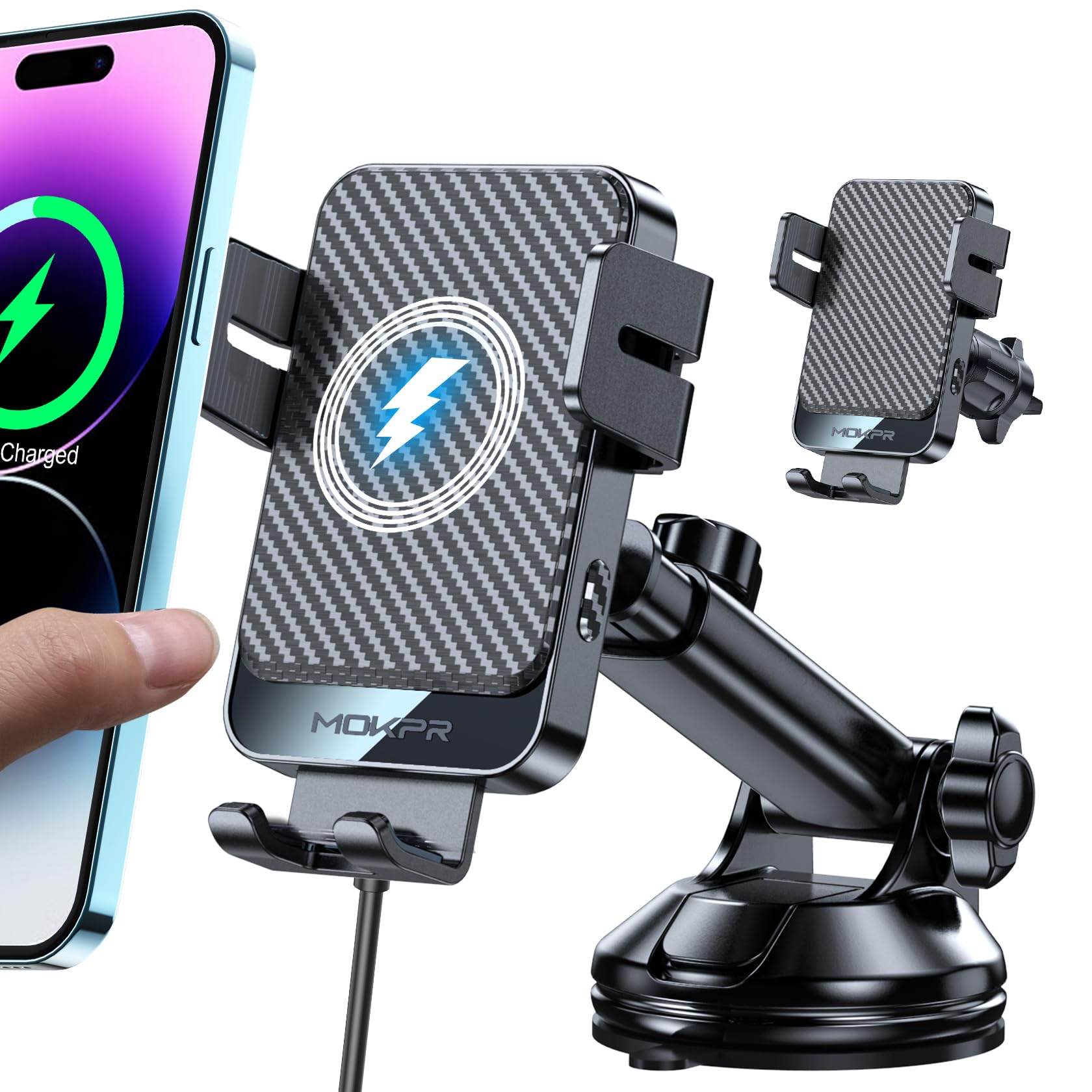 MOKPR Wireless Car Charger, 15W Fast Charging Auto Clamping Car Phone Holder Wireless Charger Suction Holder Dashboard Compatible for iPhone 16 15 14 13 12 Pro Max Xs,Samsung Galaxy S25 S24 S23 S22