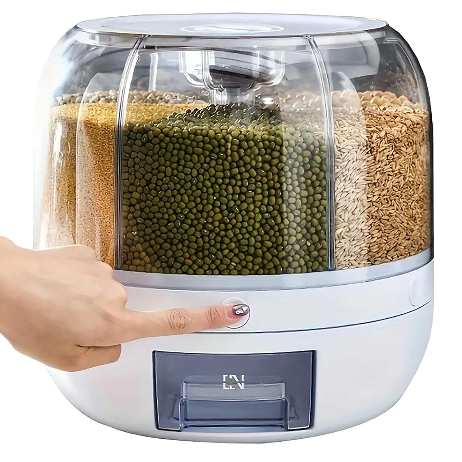 WYSYZJJ Rotating grain storage dispenser, 6-compartment rice and grain storage container, 360 ° rotating food dispenser, used for storing rice, legumes, food with box lid, moisture-proof, white