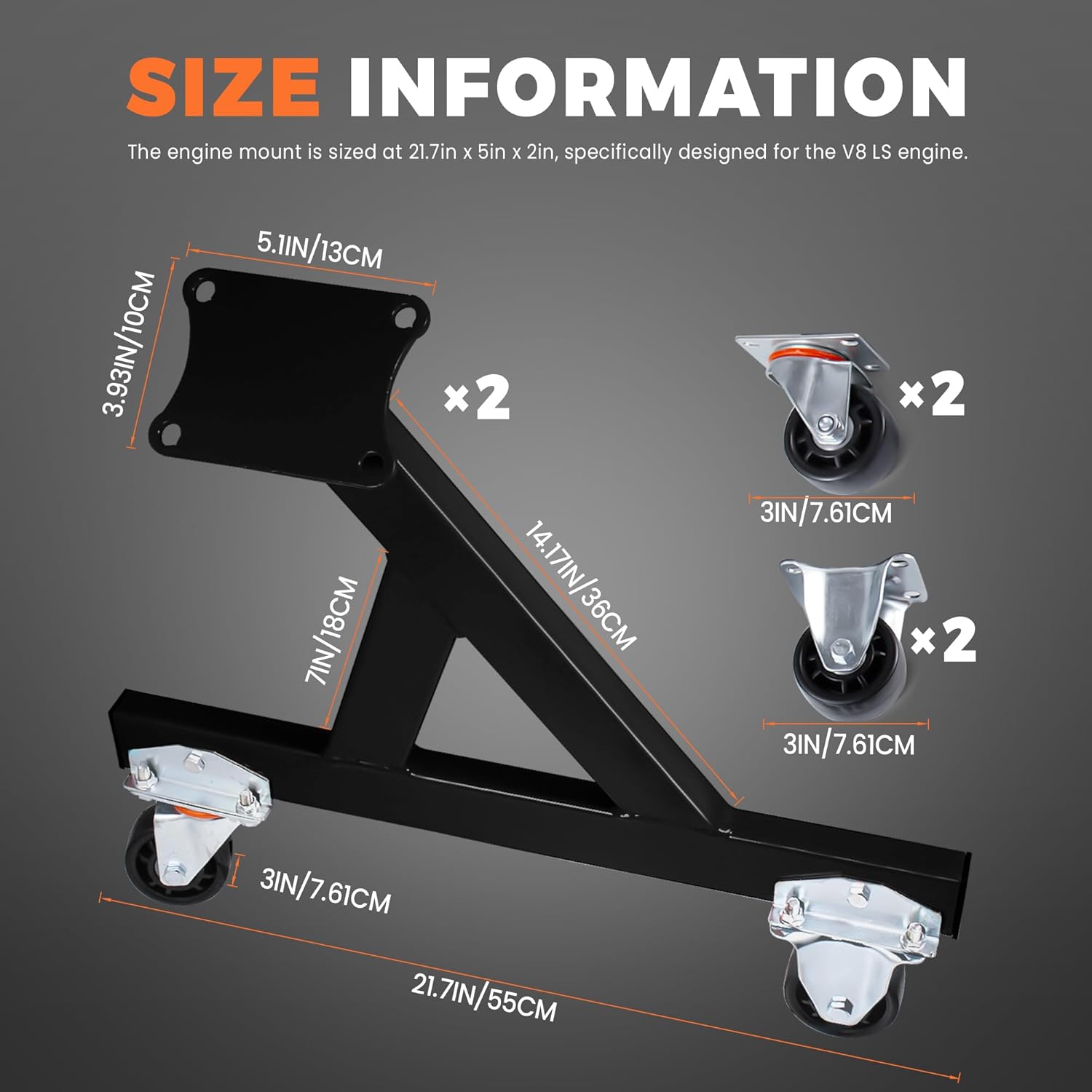 Rolling Engine Storage Stand, LS Compatible Engine Stand with Swivel Caster, Fits GM Chevy V8 LSx, Support for Engines and Transmissions, 2-Piece (Black)