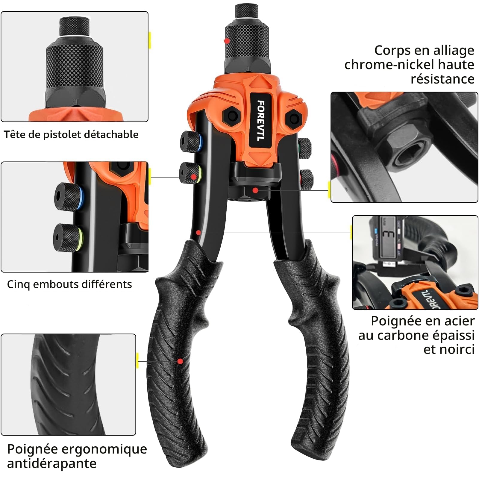 Pince à riveter 26 cm avec levier renforcé – Riveteuse manuelle professionnelle 5en1 pour rivets aveugles Ø 2,4–6,4 mm – Inclus : 200 rivets & 5 embouts – Outil robuste pour métal & réparation