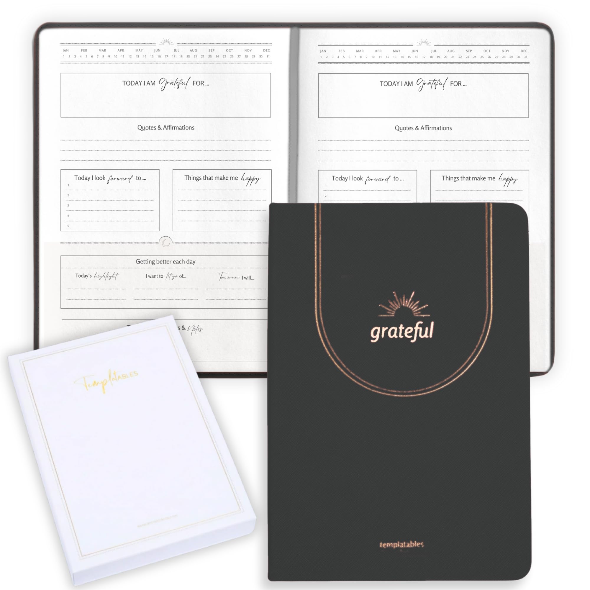 Templatables Gratitude Journal Daily Mindfulness & Self-Care Notebook with Premium Leather Cover, Guided Prompts, 170gsm Paper, Gold Foiling, Satin Ribbon & Luxury Gift Box for Women & Men (Black)