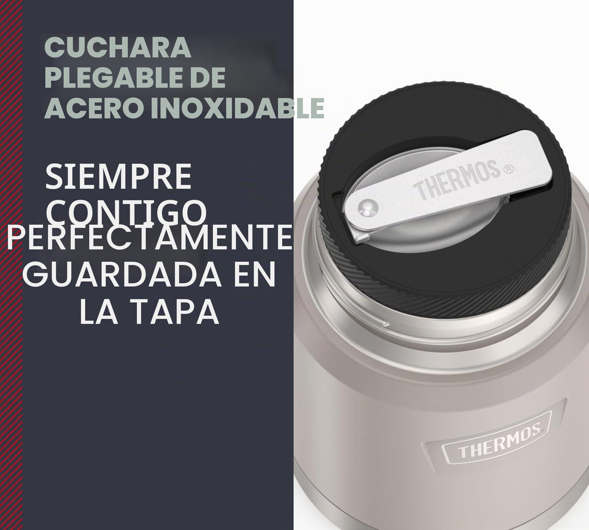 Thermos ICON Food Jar 0,47 L Beige Mate Sandstone - Recipiente para comida (470 ml, doble pared, acero inoxidable 18/8, mantiene el calor y el frío, con cuchara plegable, base antideslizante,
