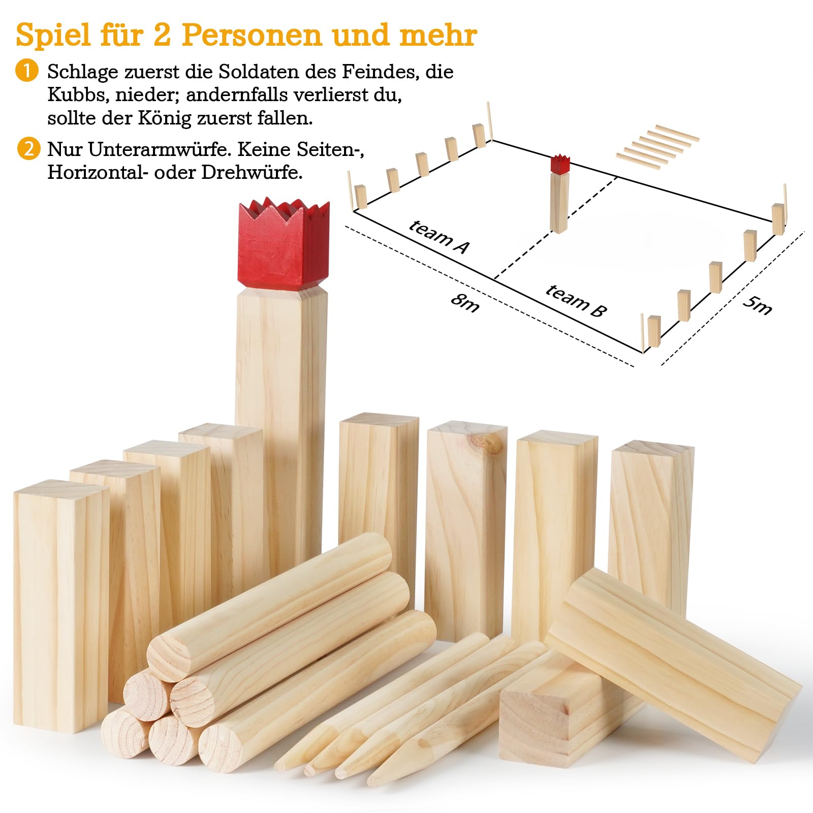 Kubb Wikinger Wurfspiel Groß - Original 5 Kubb Outdoor Spiele - Schwedenschach aus massiv Holz - mit Tasche & Spielanleitung - Holzspiel für Wiesen, Strände und Gärten
