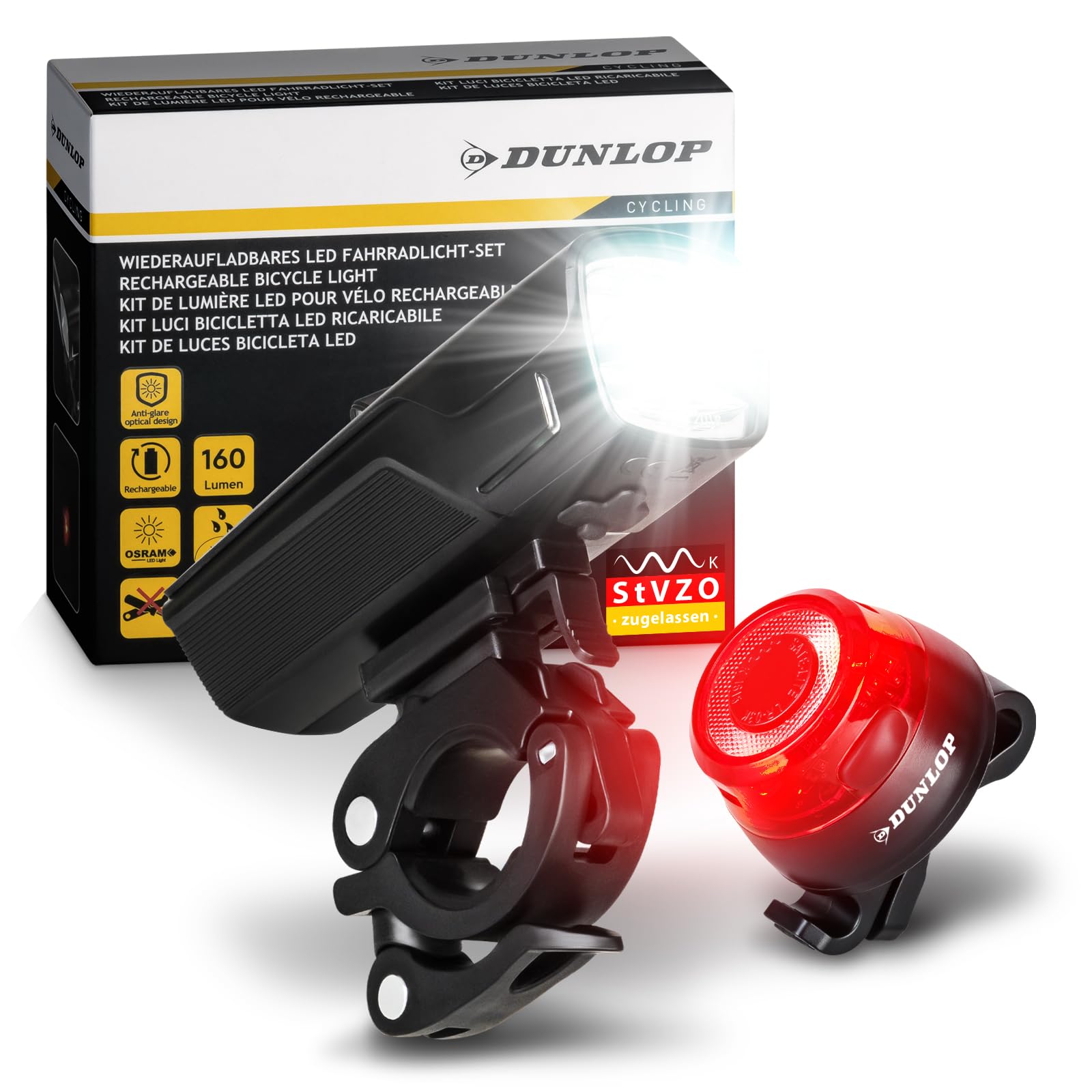 Dunlop Sports Fahrradlicht Set Fahrrad Licht - Extra helles LED mit Hochleistungs Akku