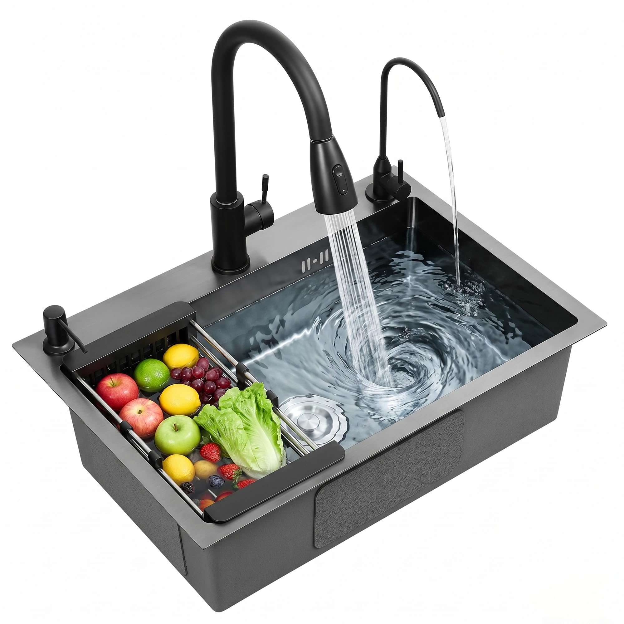 Évier de cuisine en acier inoxydable 304 brossé avec cuve à encastrer et son robinet extractible