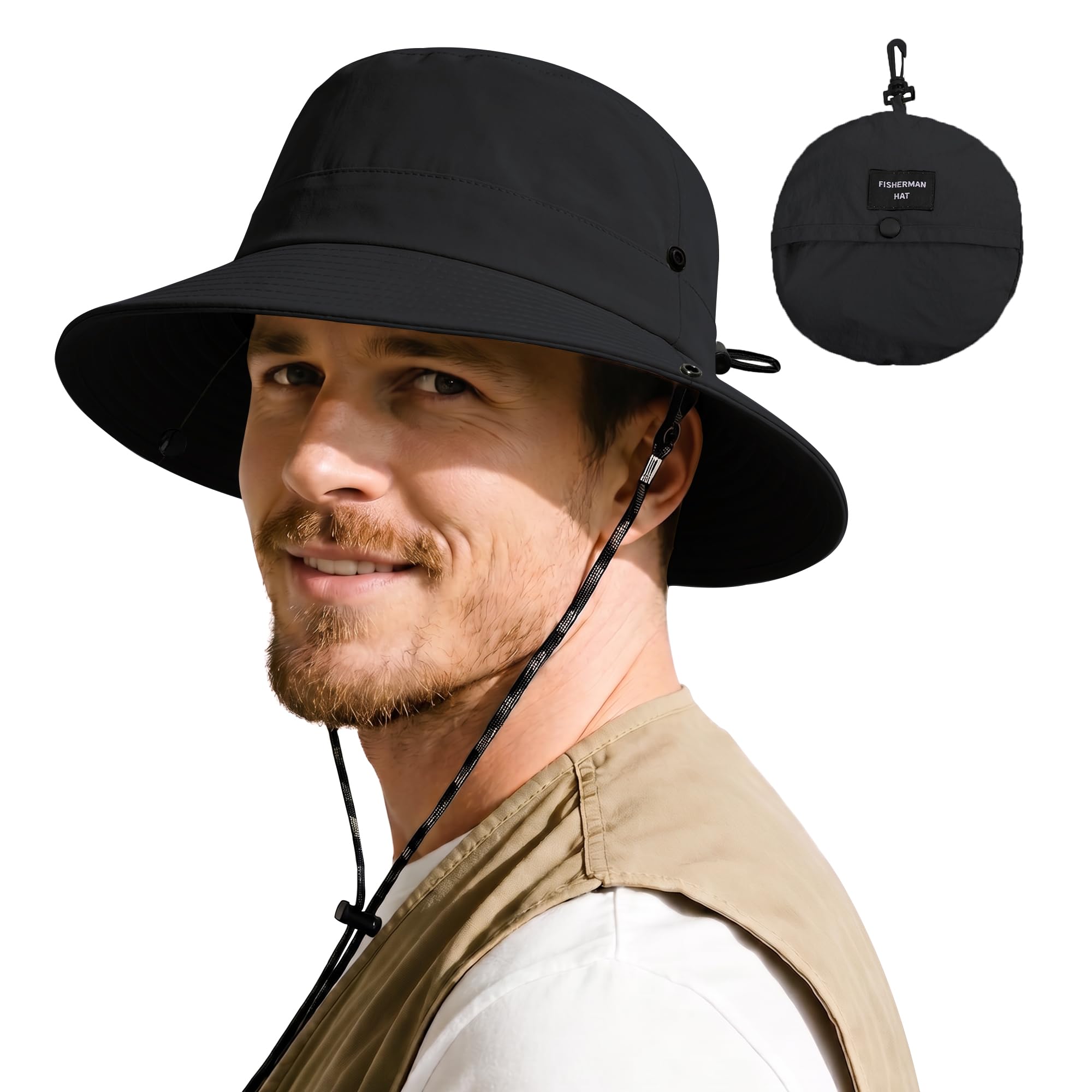 ehsbuy Sonnenhut Herren Damen Safari Fischerhut Wasserdicht Cowboy Style Boonie Bucket Hut Faltbar Sommerhut mit Verstellbare Kinnriemen für Wandern Outdoor