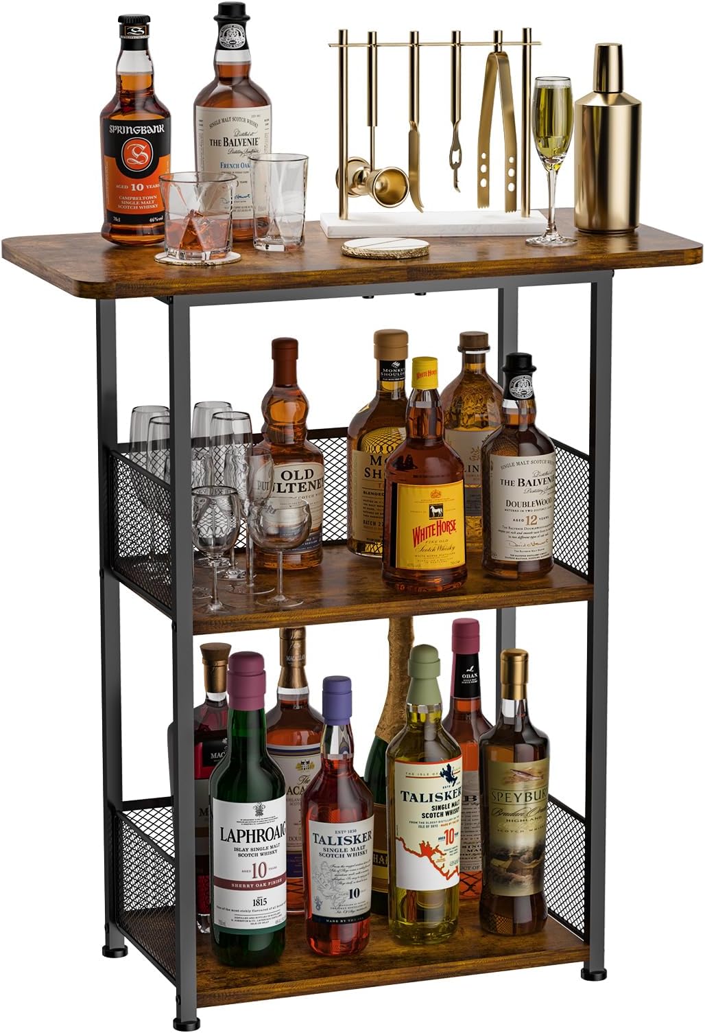 Eyteenokk Floor Standing Freestanding Whiskey Rack: 3 Tier Wine Rack Mini Bar Table Corner Wine Bottle Display Stand Liquor Cabinet Bar, for Bottles,Cocktail Shaker,Mugs