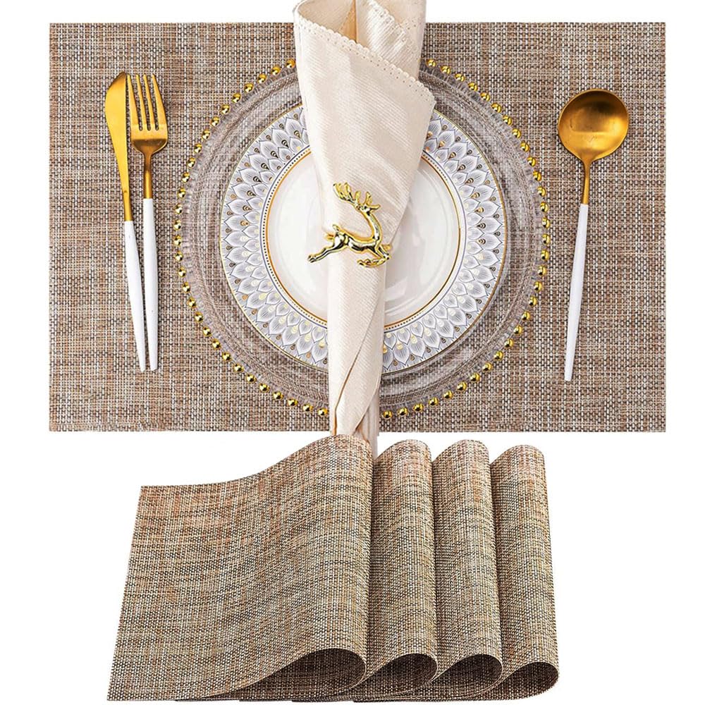 HOOTO Placemats Set of 4, Heat-Resistant Woven Vinyl Placemat, Non-Slip Washable PVC Table Mat, Plastic Table Mats for Dining Table, Kitchen Table 30x45 cm Beige