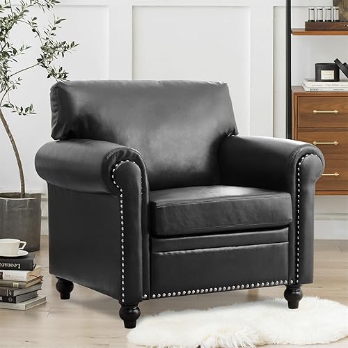 Miniatura 4 de Juego de sofás y sofá de 3 plazas de piel sintética negra con brazo enrollado de remaches, modernos sofás de mediados de siglo para sala de estar,