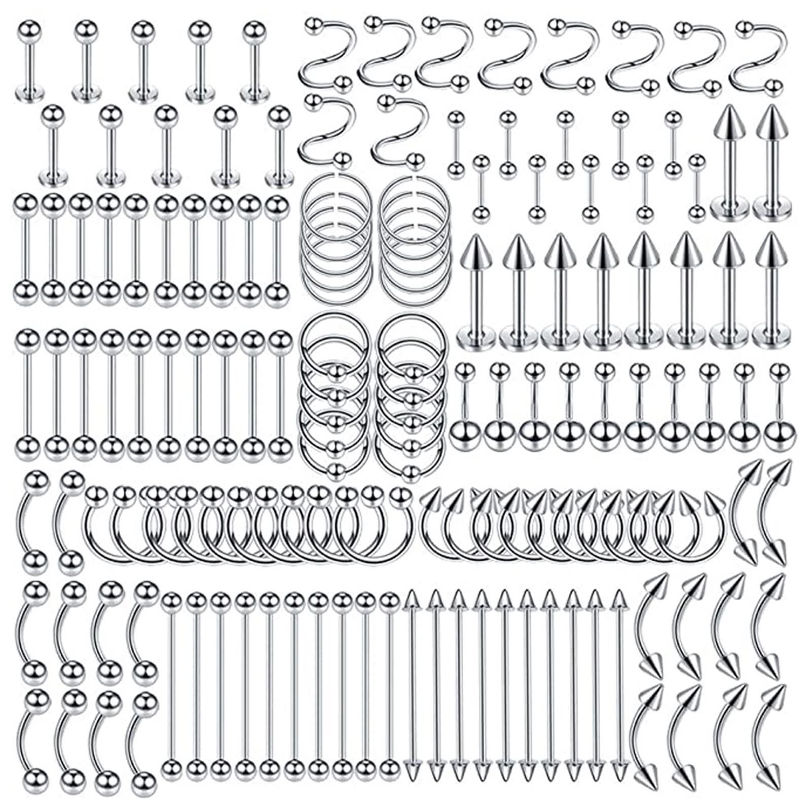 Nasenring Piercing, Septum Piercing Edelstahl 150Pcs Tragus Lippenringe Bauchnabel Zunge 1.2mm/1.6mm Stabstärke C und S Förmiger Bolzen Piercing