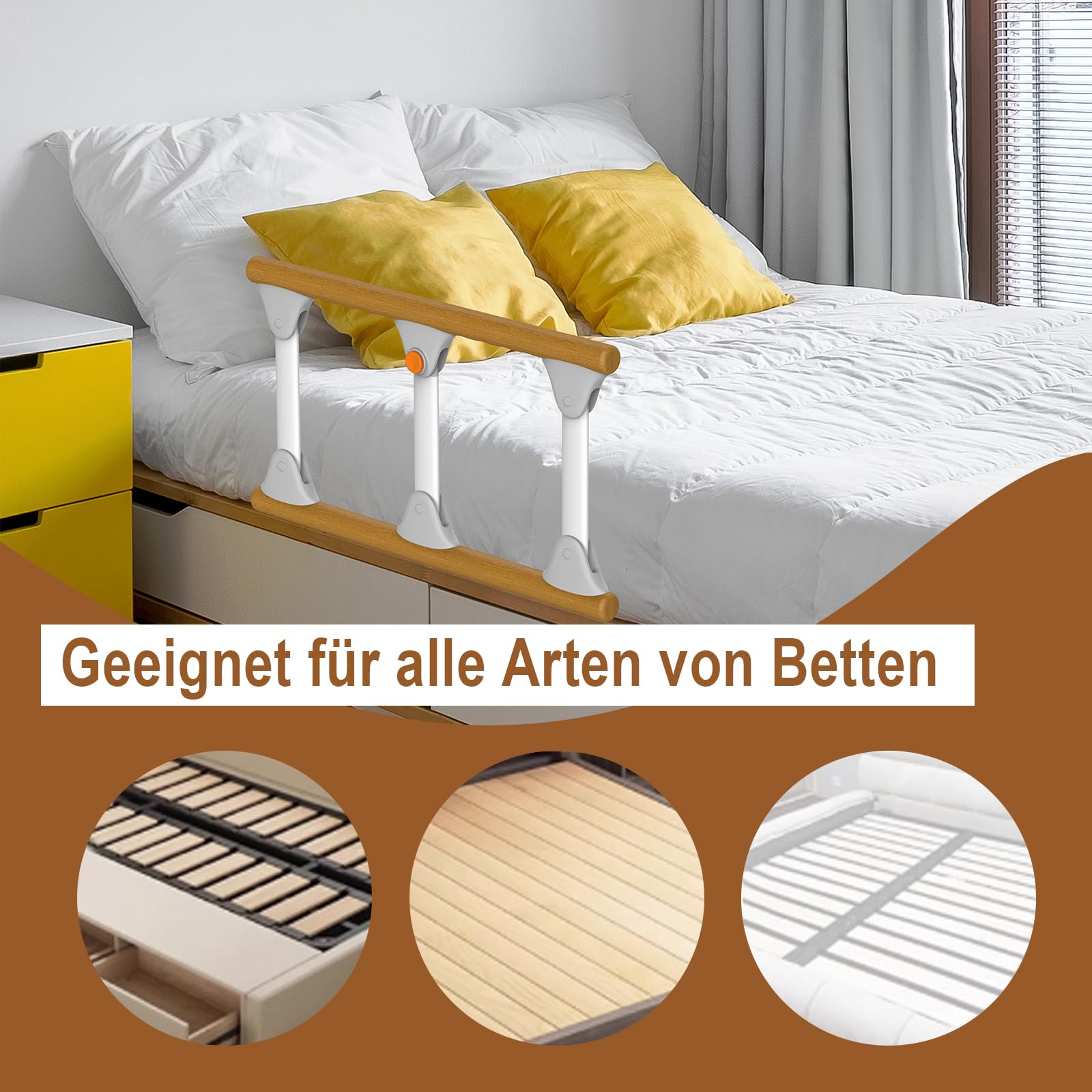 Faltbares Bettgitter für Pflegebett，aufstehhilfe Rausfallschutz für Senioren & Erwachsene，Klappbare Bettschiene mit Sturzsicherung-Holz