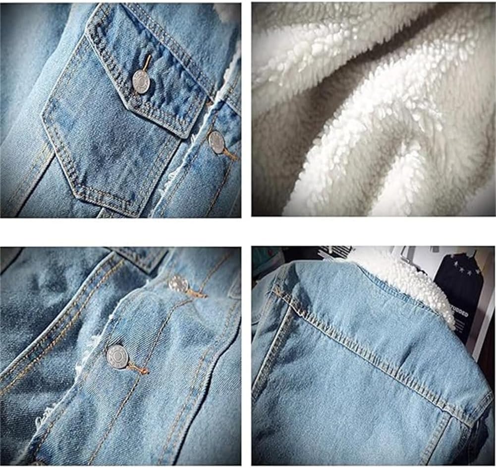 Men's Wool Lined Jean Jacket, Denim Jacket Fleece Lapel Thick Cotton Jean Trucker Coats