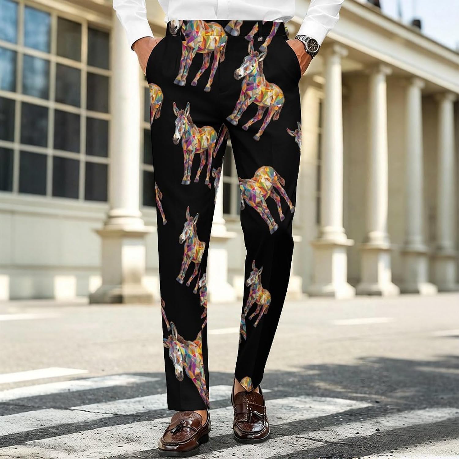Donkey Geometric Graphic Animal Art Men's Classic Fit Suit Pants Straight Leg Design Printed Trousers