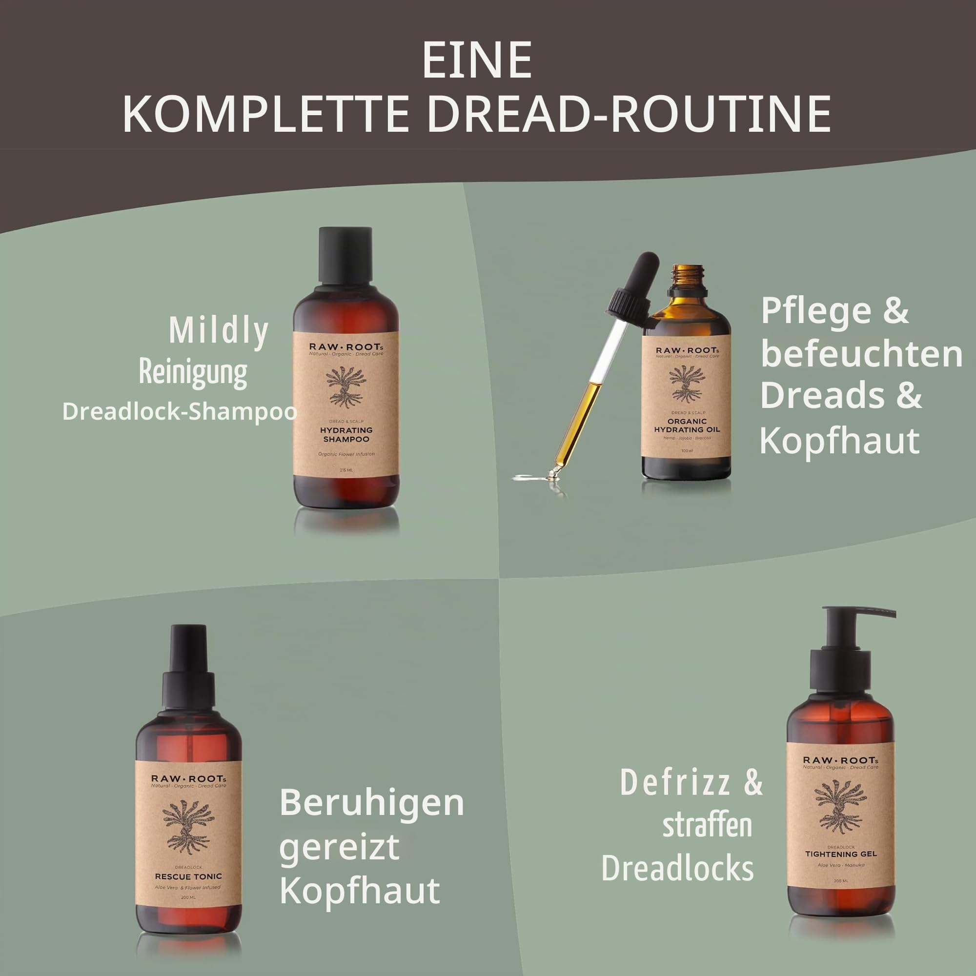 RAW ROOTs | Dreadlocks Exclusives Dry Locks & Scalp Care Kit | Das Ultimative Dreads Pflege Kit | Naturkosmetik Vegan Nachhaltig | Hydrating Oil & Shampoo Aloe Manuka Gel & Rescue Tonic