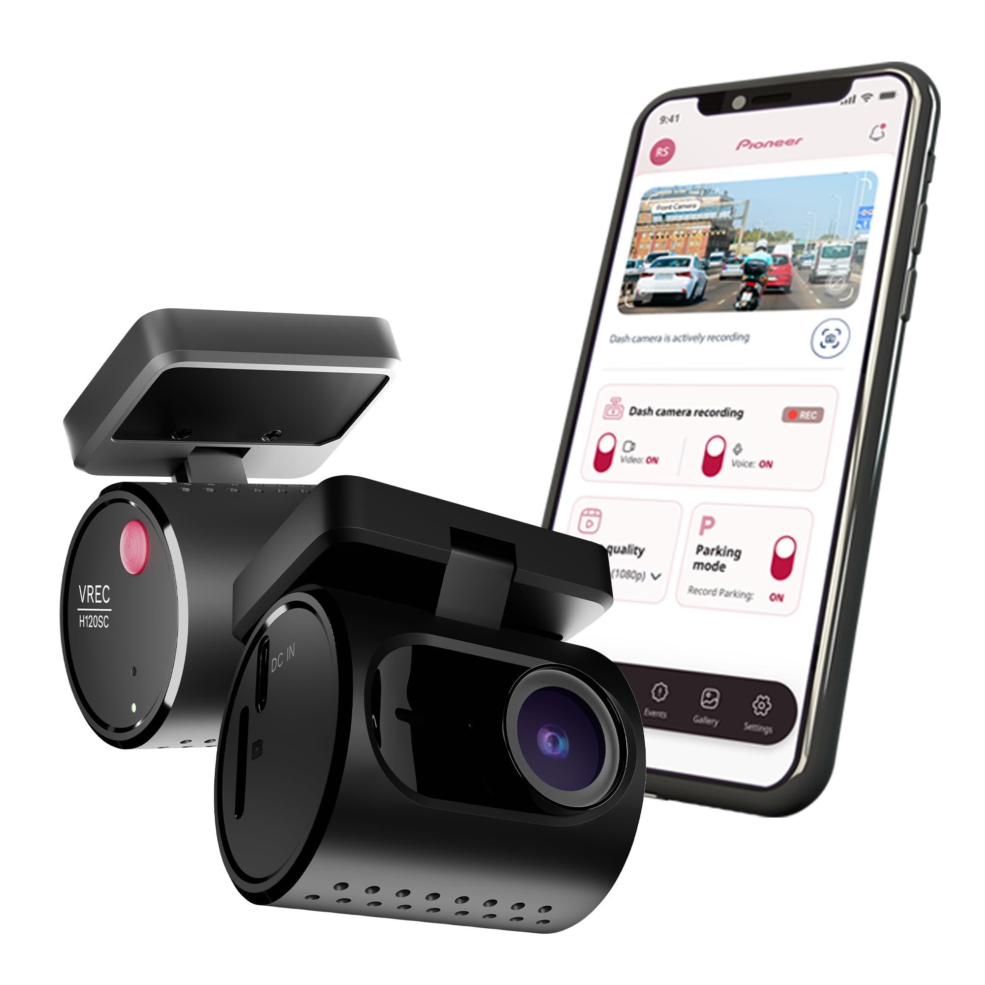 Pioneer Car Dash Camera VREC-H120SC | Super Compact Design | App Support |1296p Resolution | Wide Field of View | Wi-Fi |G-sensor | Emergency Recording | microSD Card support Upto 128GB