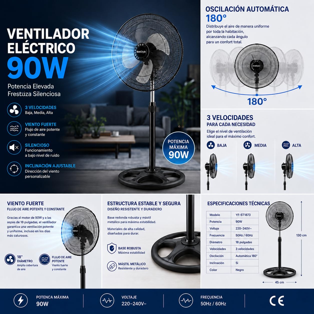 Ventilador de Pie de 18 Pulgadas, Potente Motor de 80W, Oscilación Amplia de 360°, 3 Velocidades, Altura de 125 cm, Ventilador de Suelo Silencioso para Hogar, Dormitorio y Oficina.