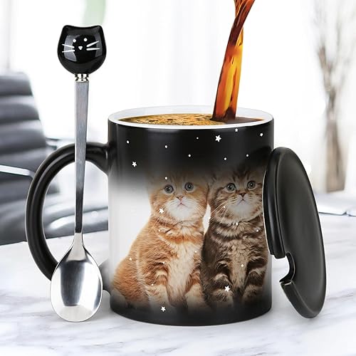 Miniatura 7 de Taza de café con diseño de gato que cambia de color de 11 onzas  The Fish is Delicious  Taza de gato de Halloween con tapa negra y cuchara para