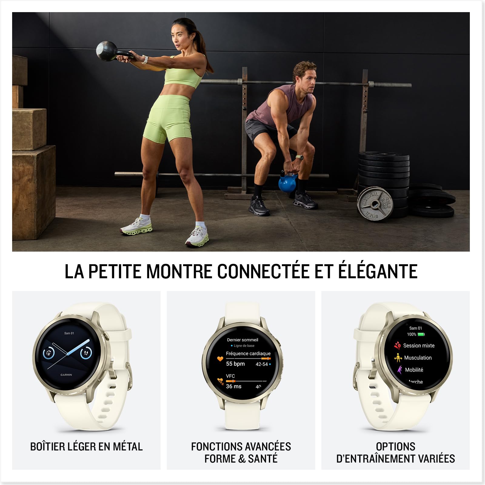 Garmin Venu 4 Montre GPS connectée forme et santé écran Ultra-Lumineux Lampe LED intégrée Beige Lunar Gold Bracelet Ivoire 41mm