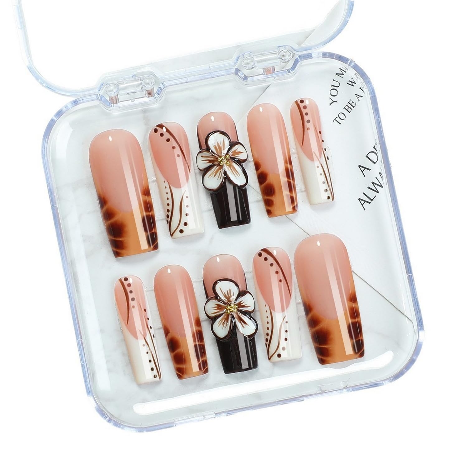 Flower Press on Nails - Long Square Handmade Press on Nails Thick Acrylic and Muti-Layer Gel False Nails 3D Floral Stick on Nails Leopard French Tip