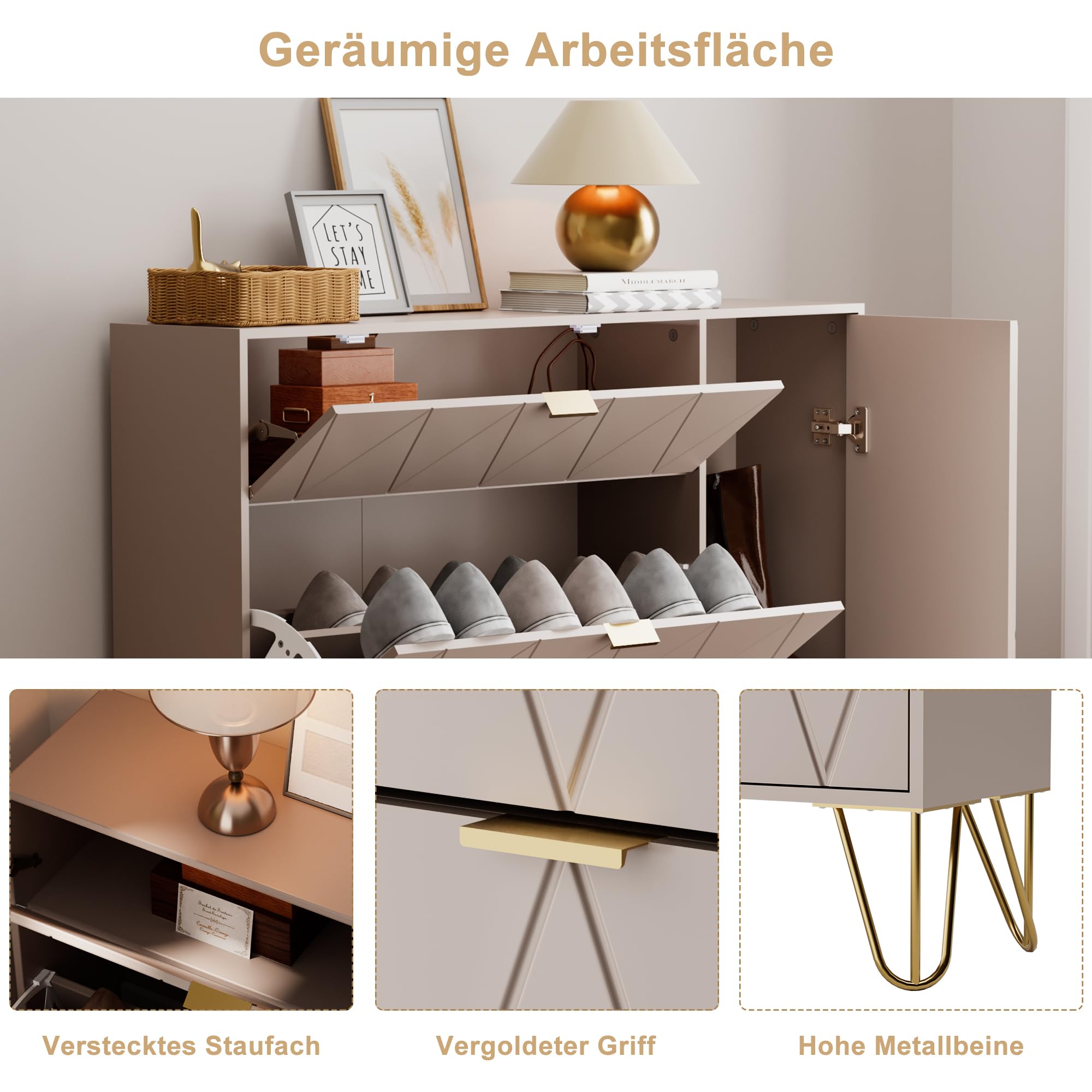 UEV Schuhschrank mit 2 Klappen und 2 Türen, 105x24x120cm, mit Kippschutz/Trennwand verstellbar, Schuhkommode, Schuhkipper schmal, Schrank Flur platzsparend Moka