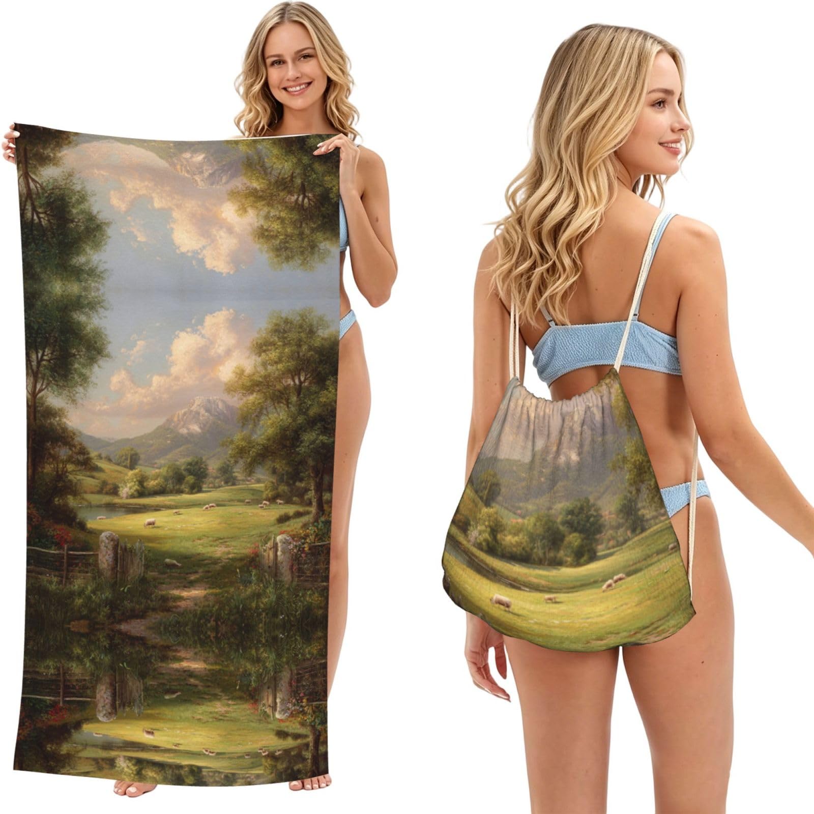ESNAIUVCD Pastoral Scenery Print Beach Towel For Adults,Towel With Drawstring Bag, Travel Pool Swimming Sports Shower Sand Free Quick Dry Bath Towel For Pool, Beach, Yoga- 180x60cm